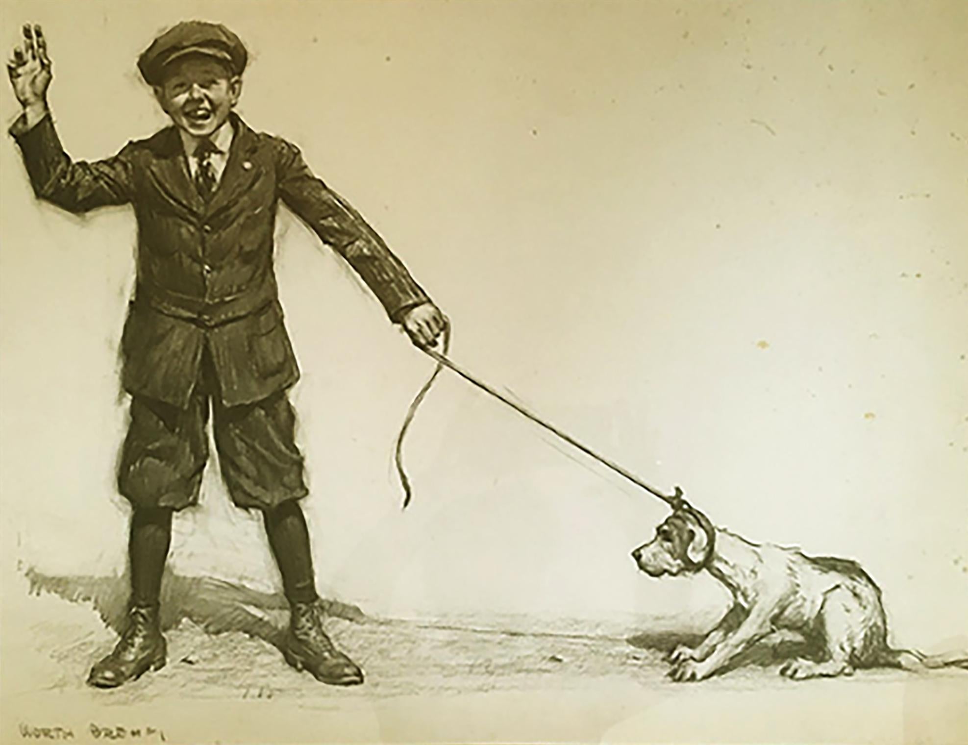 Worth Brehm Figurative Art - Sam pulling his new dog, Walter John
