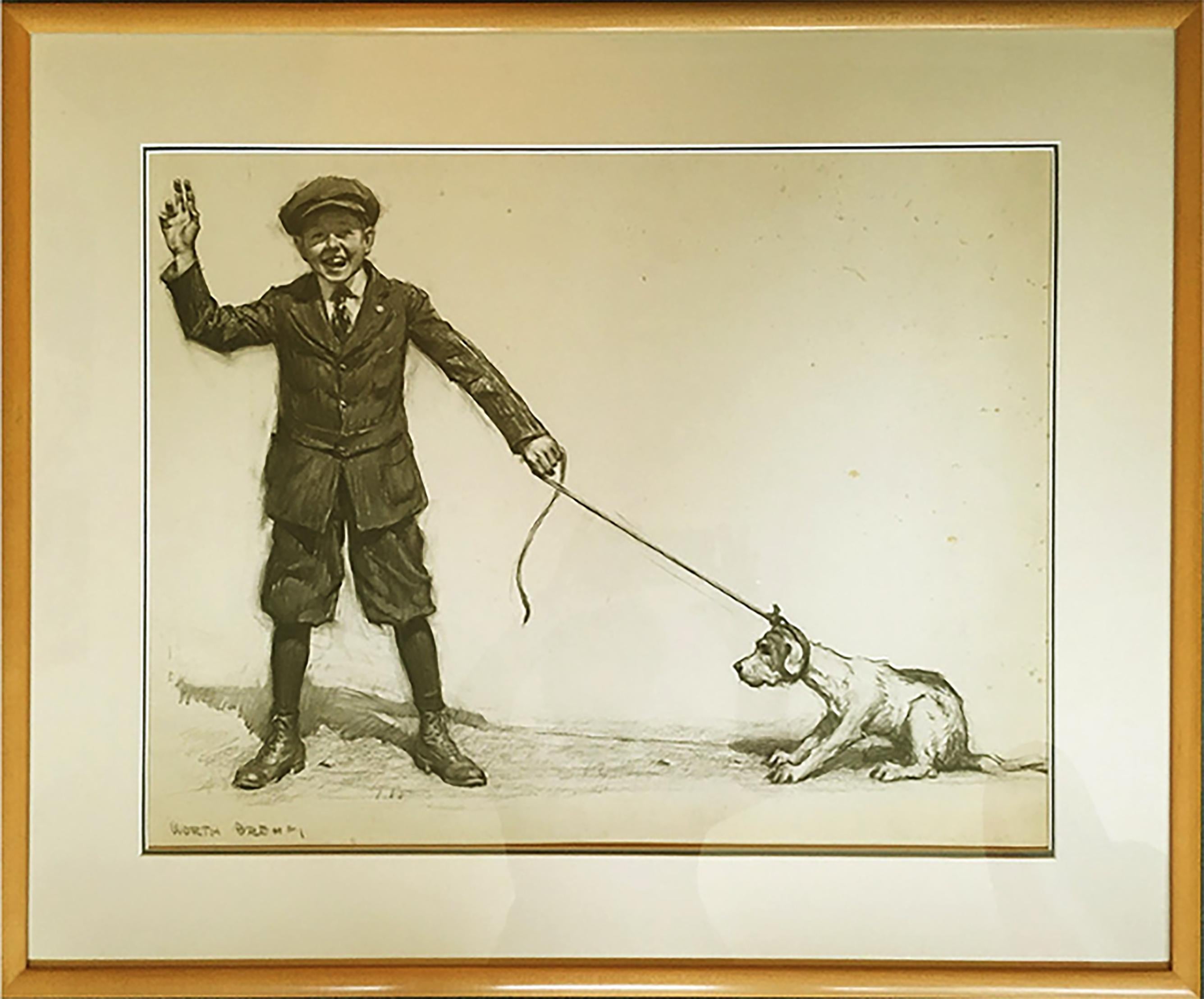 Sam pulling his new dog, Walter John - Art by Worth Brehm