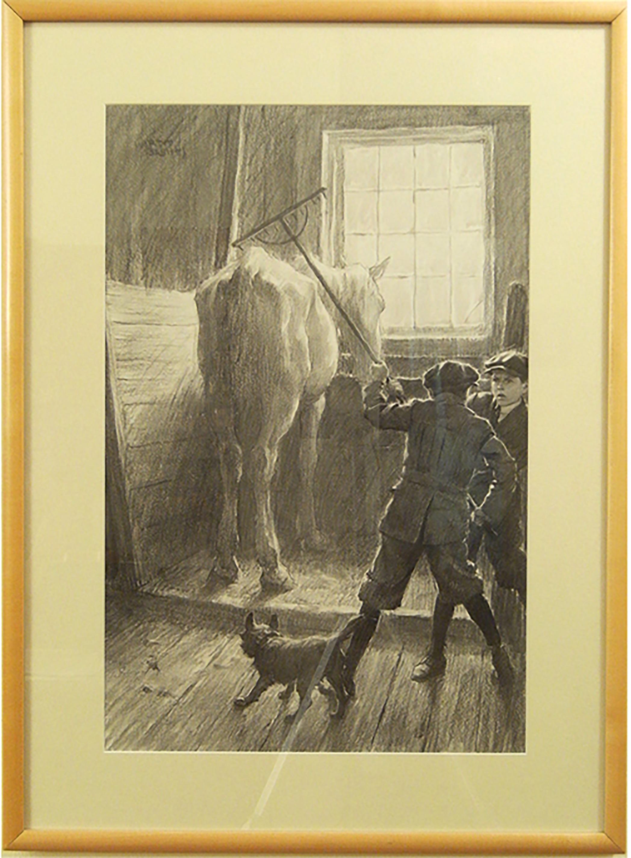 Penrod and Sam with Rake and Horse in the Barn - Art by Worth Brehm