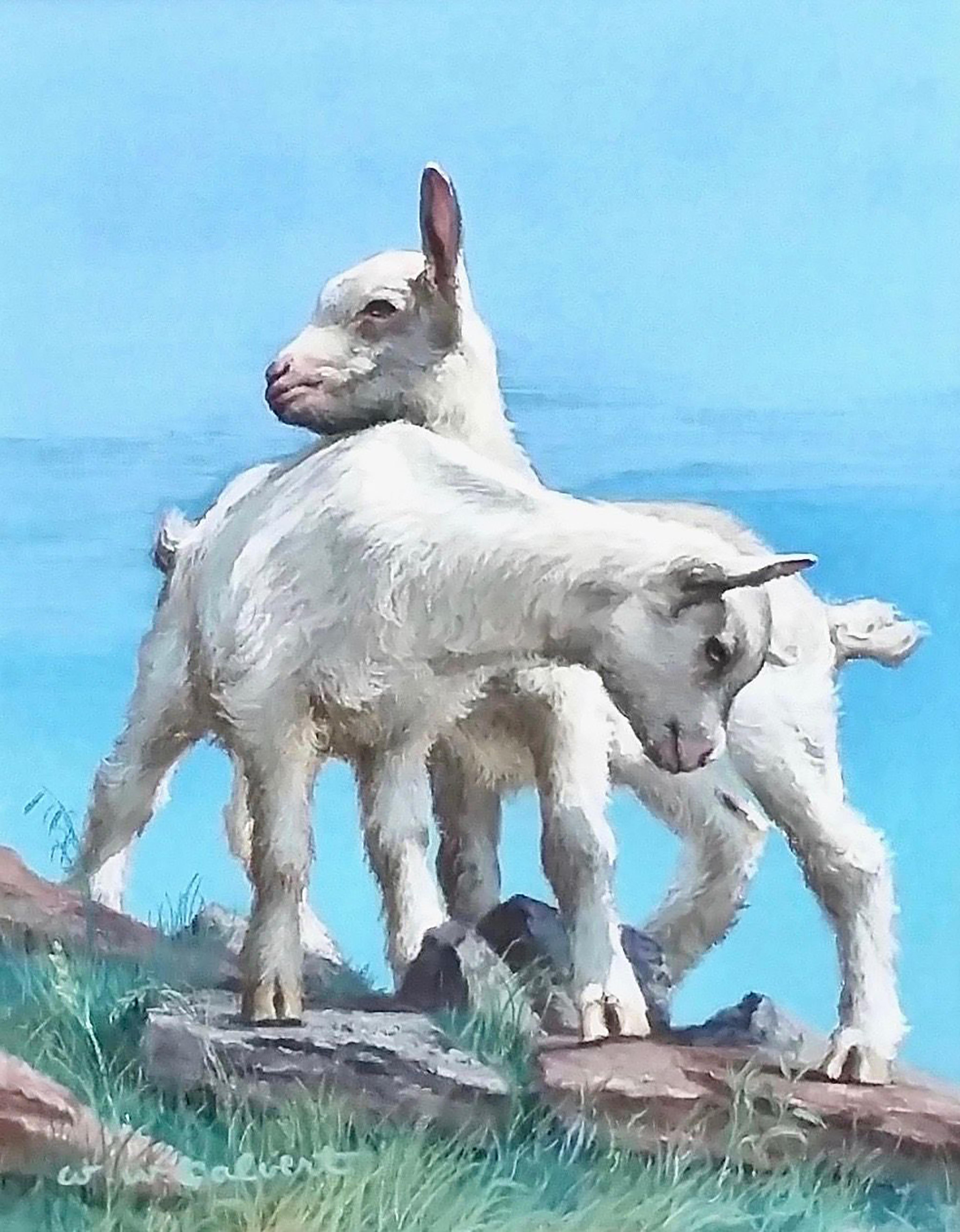 Animal Painting W. W. Calvert - Deux chèvres pour enfants, couverture de table de soirée du samedi