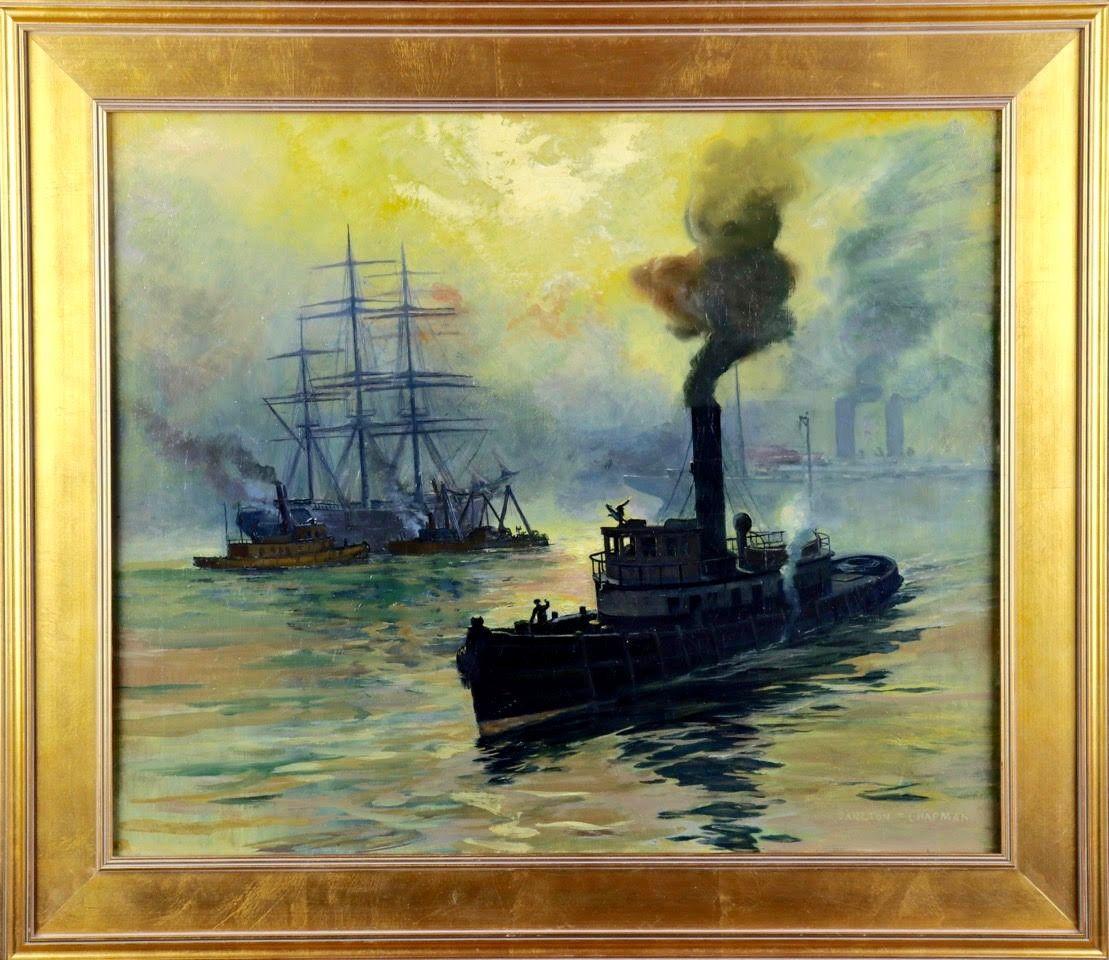 Ships in Harbor - Painting by Carlton Theodore Chapman