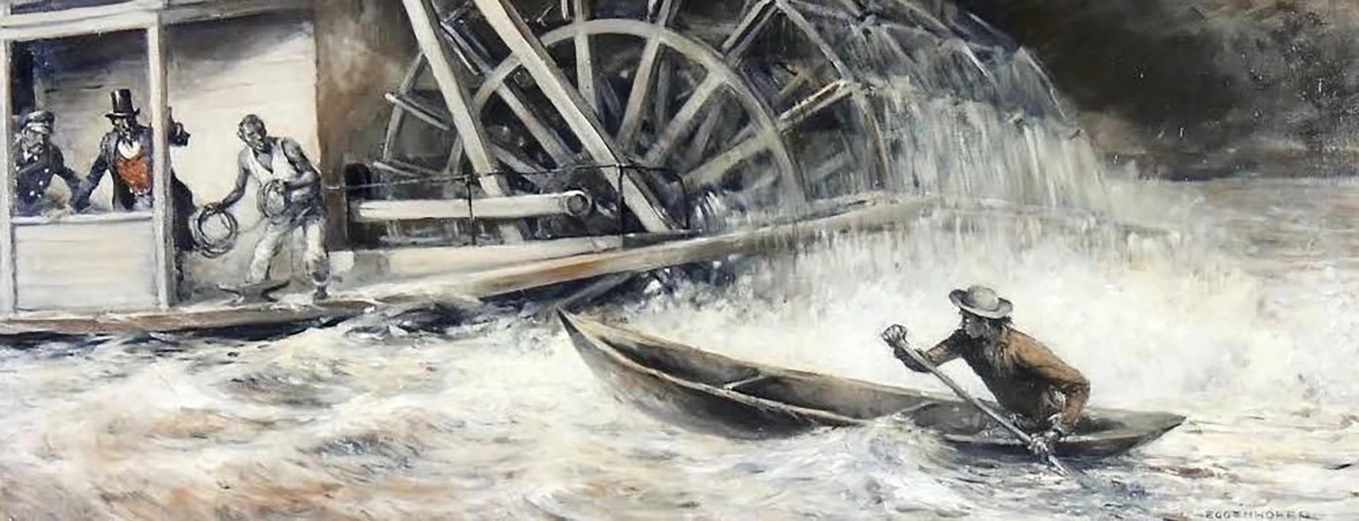Nick Eggenhofer Figurative Painting – „Caught in the Undercurrent of the Paddlewheel of a Steamboat“