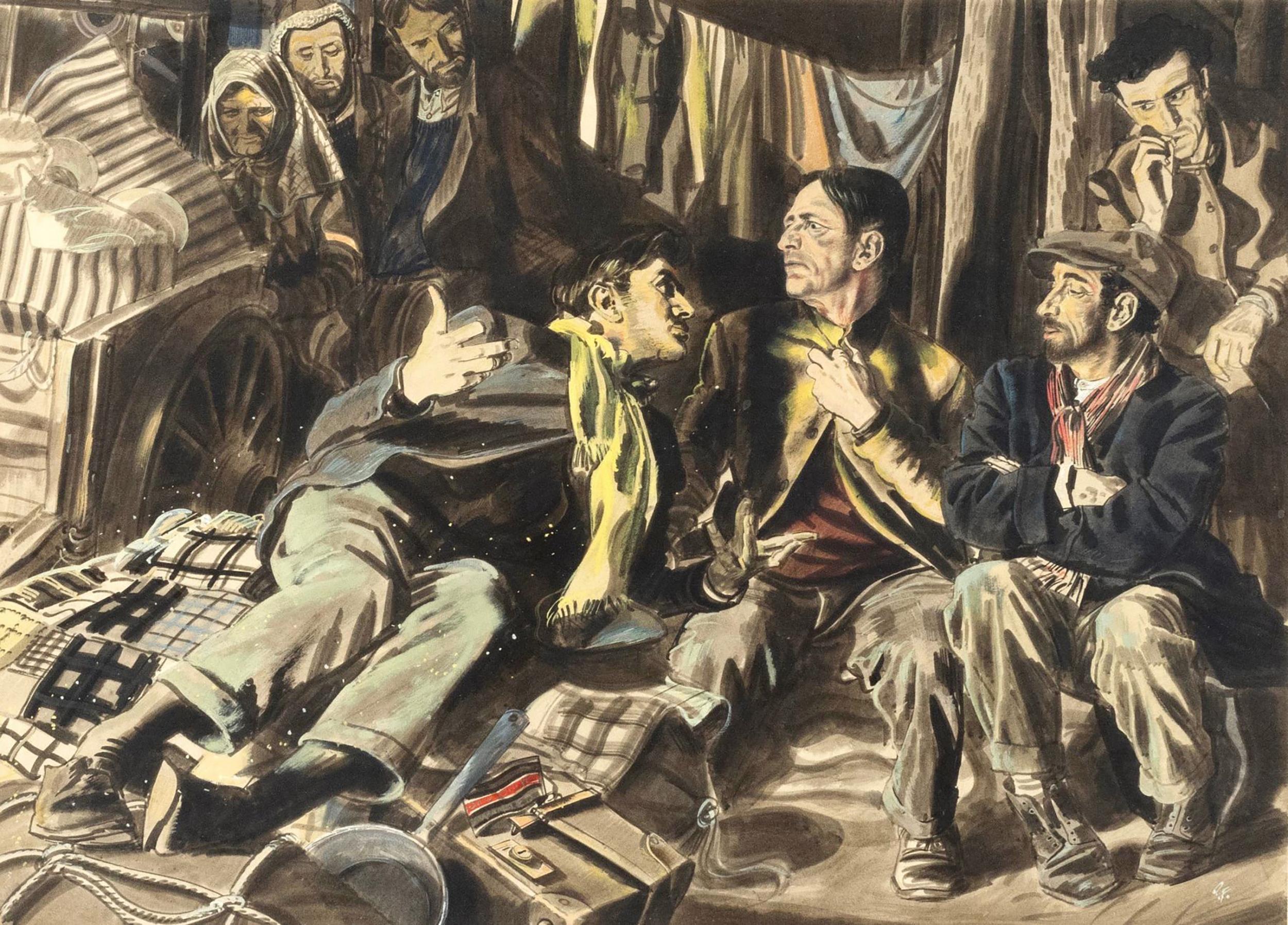 ""Die Flüchtlingsreise"" Geschichtenillustration für die Saturday Evening Post – Mixed Media Art von Robert Fawcett