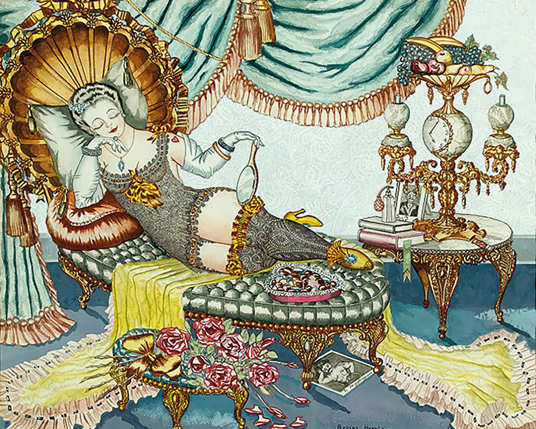 Liegende Frau in viktorianischer Inneneinrichtung – Mixed Media Art von Perkins Harnly