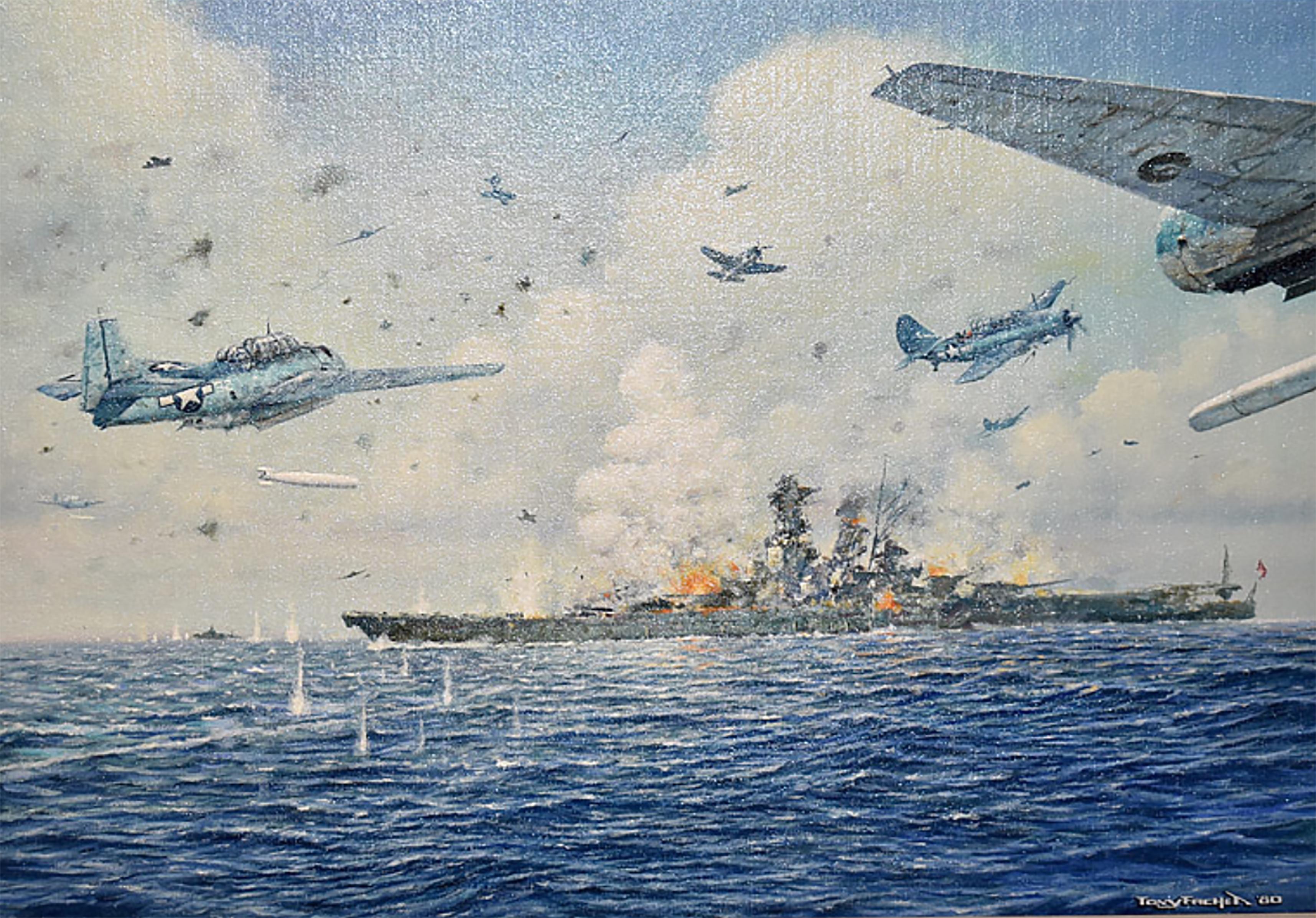 Figurative Painting Tony Fachet - bataille navale de la Seconde Guerre mondiale