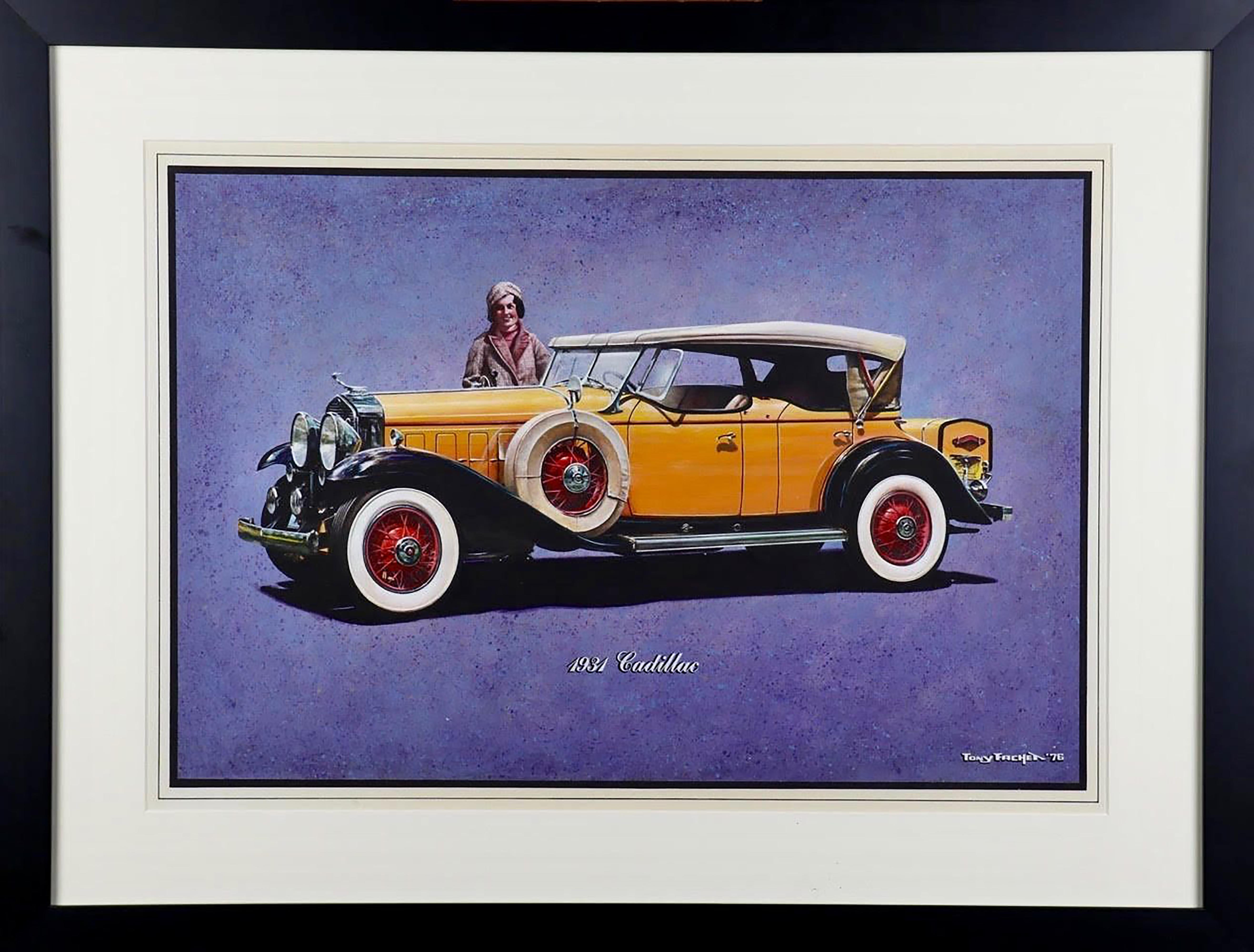 Woman with 1931 Cadillac, Yellow Car - Painting by Tony Fachet