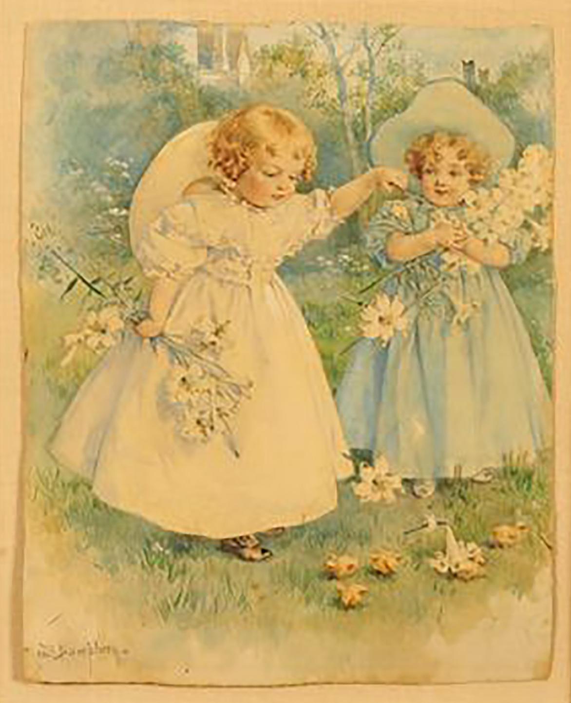 Maud Humphrey Figurative Art – Mädchen beim Spielen mit Blumen