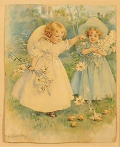 Antique Two Girls Playing with Flowers