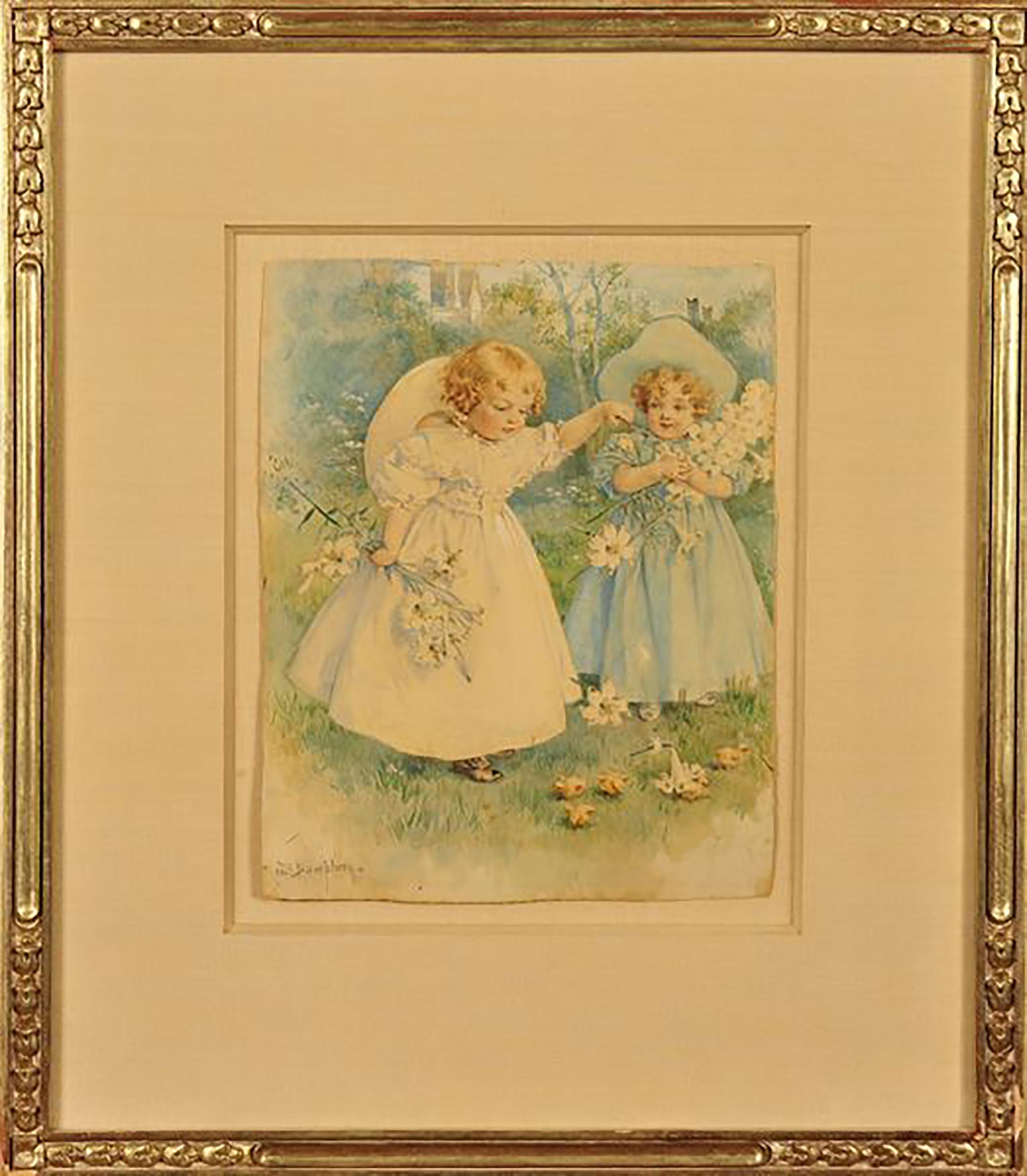 Two Girls Playing with Flowers - Art by Maud Humphrey