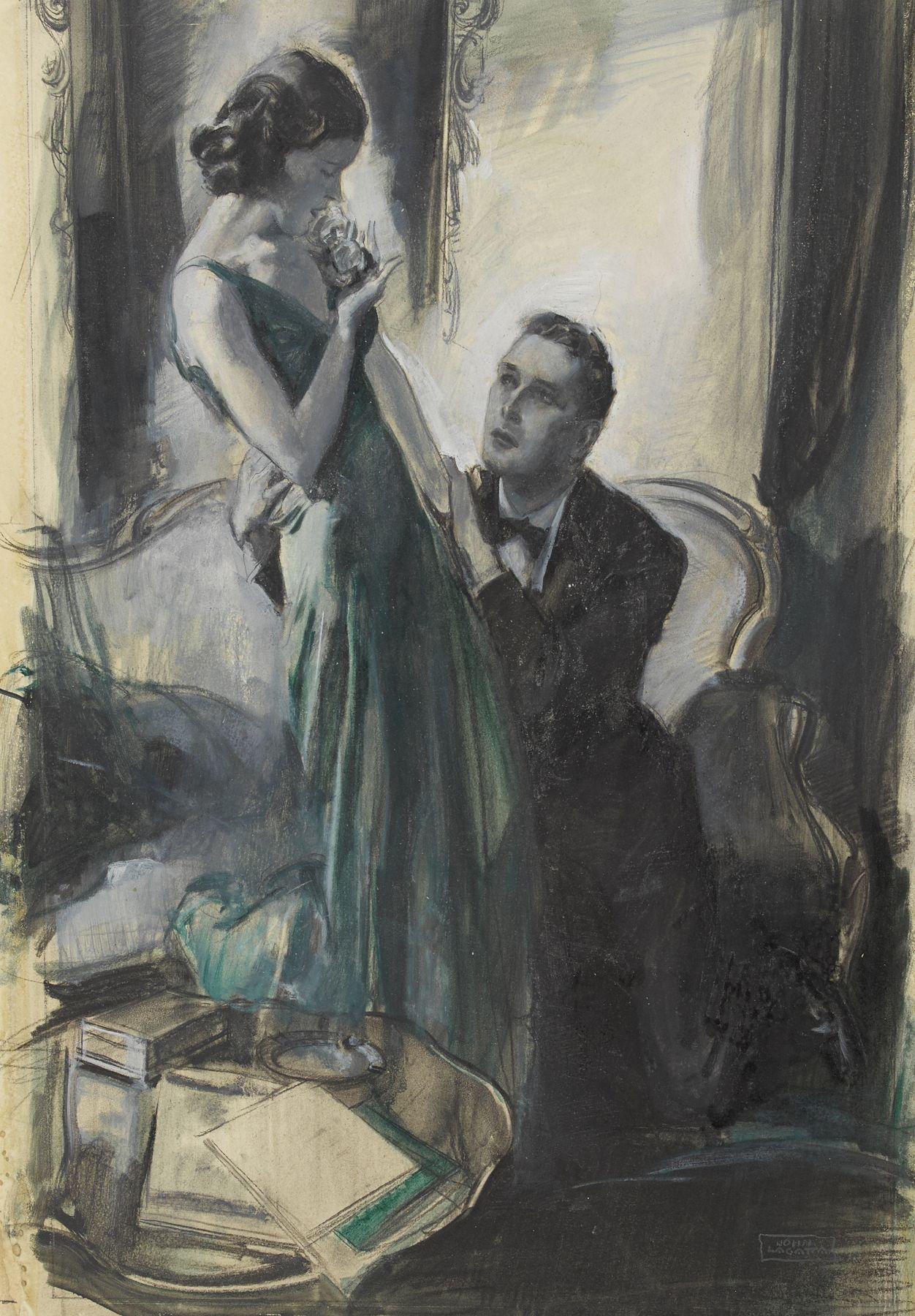 John Lagatta Figurative Art - A Woman in a Green Dress with a Man on His Knees Clutching Her