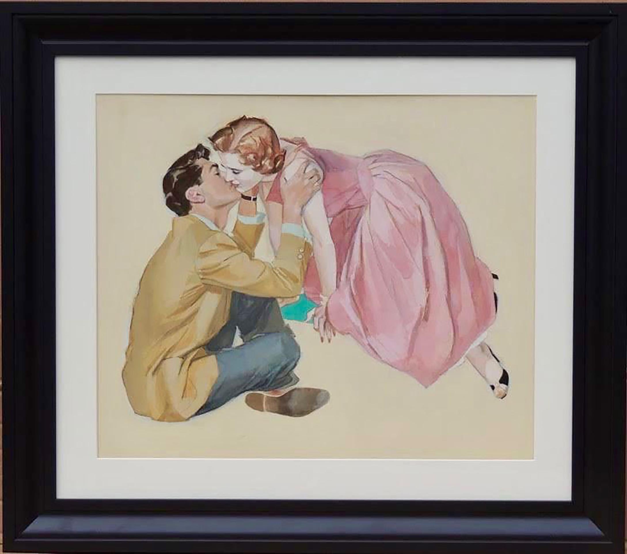 Eine Frau in einem rosafarbenen Kleid, die sich zu einem sitzenden Mann hinlehnt und küsst – Art von John Lagatta