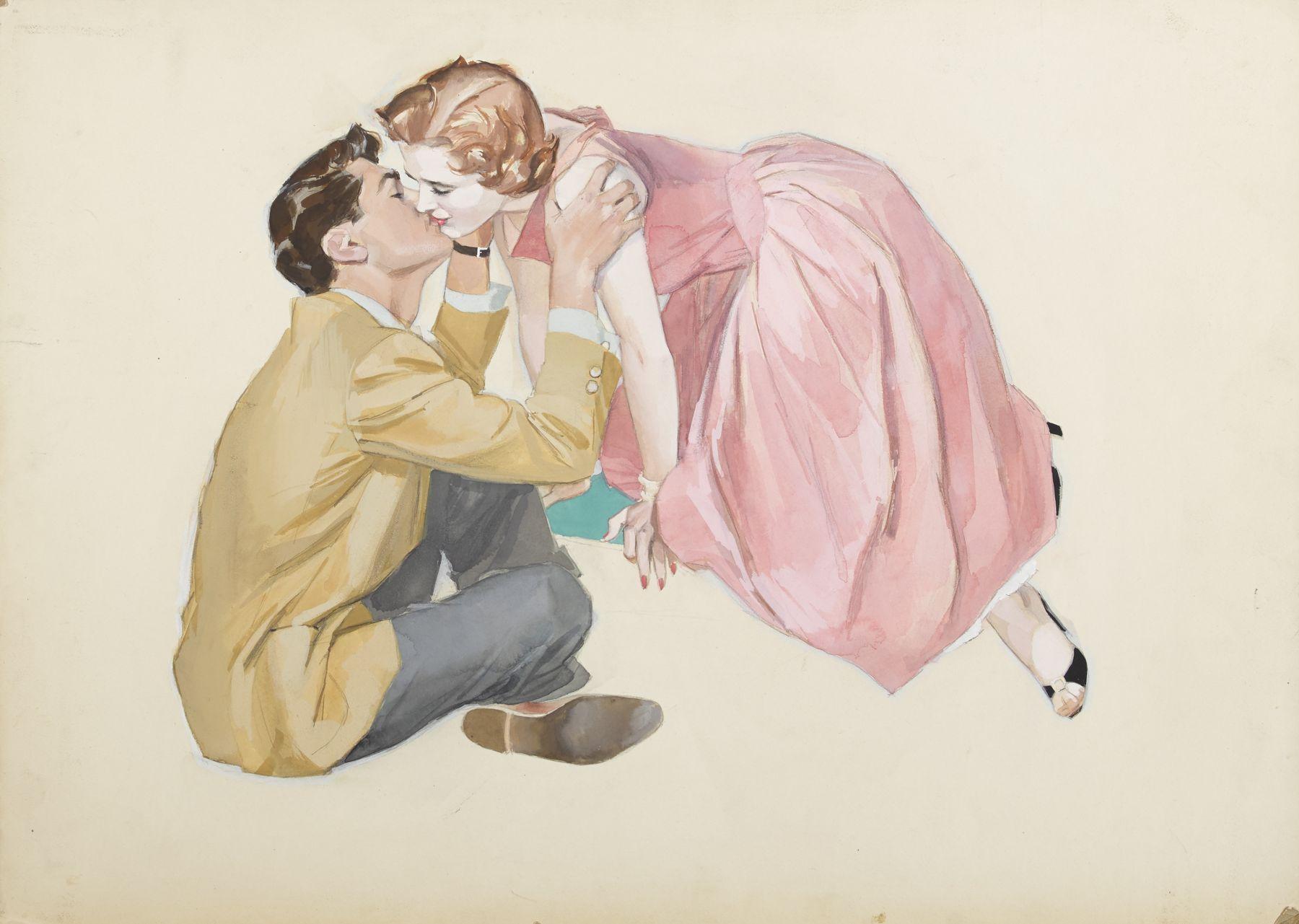 John Lagatta Figurative Art – Eine Frau in einem rosafarbenen Kleid, die sich zu einem sitzenden Mann hinlehnt und küsst