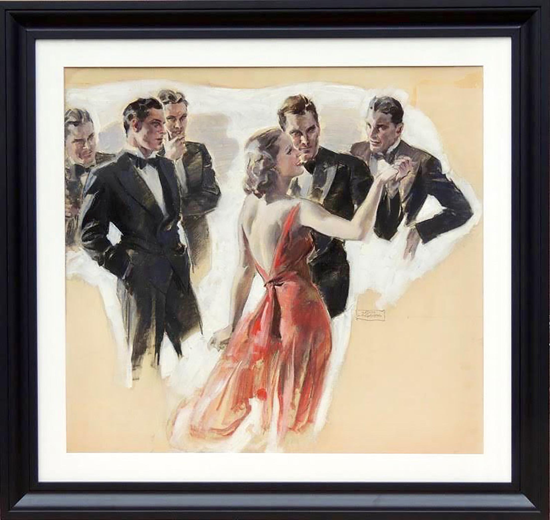 A Woman in Red Dress Dancing Among a Number of Tuxedoed Men - Art by John Lagatta