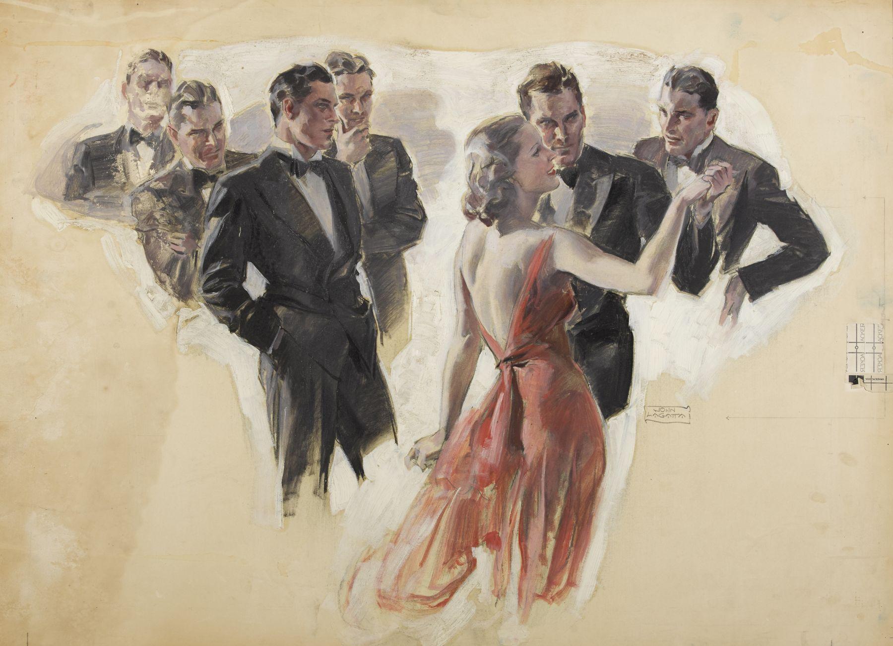 A Woman in Red Dress Dancing Among a Number of Tuxedoed Men