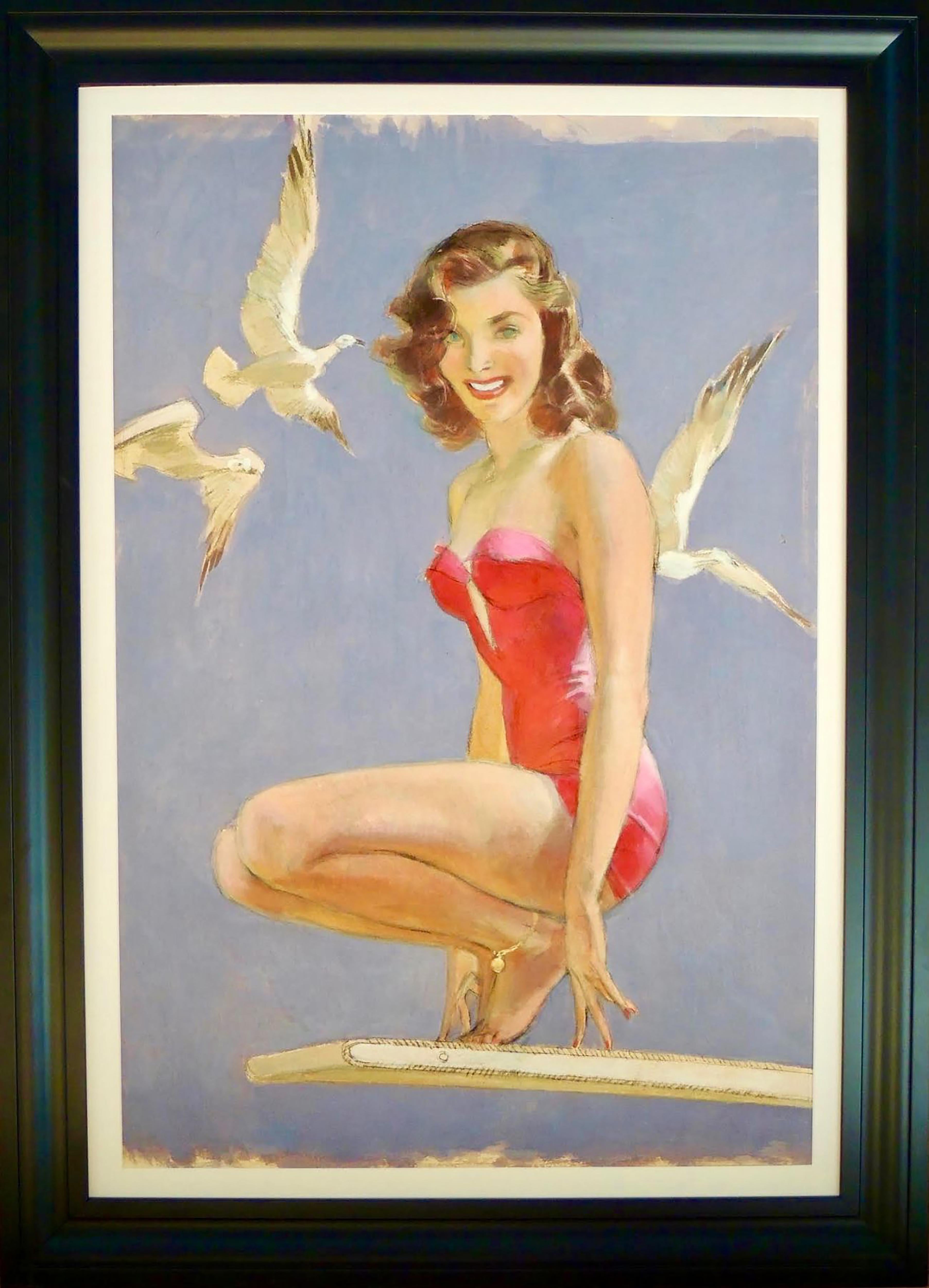 Woman in Red Swimsuit Perched on Diving Board, Three White Doves Around Her - Art by John Lagatta