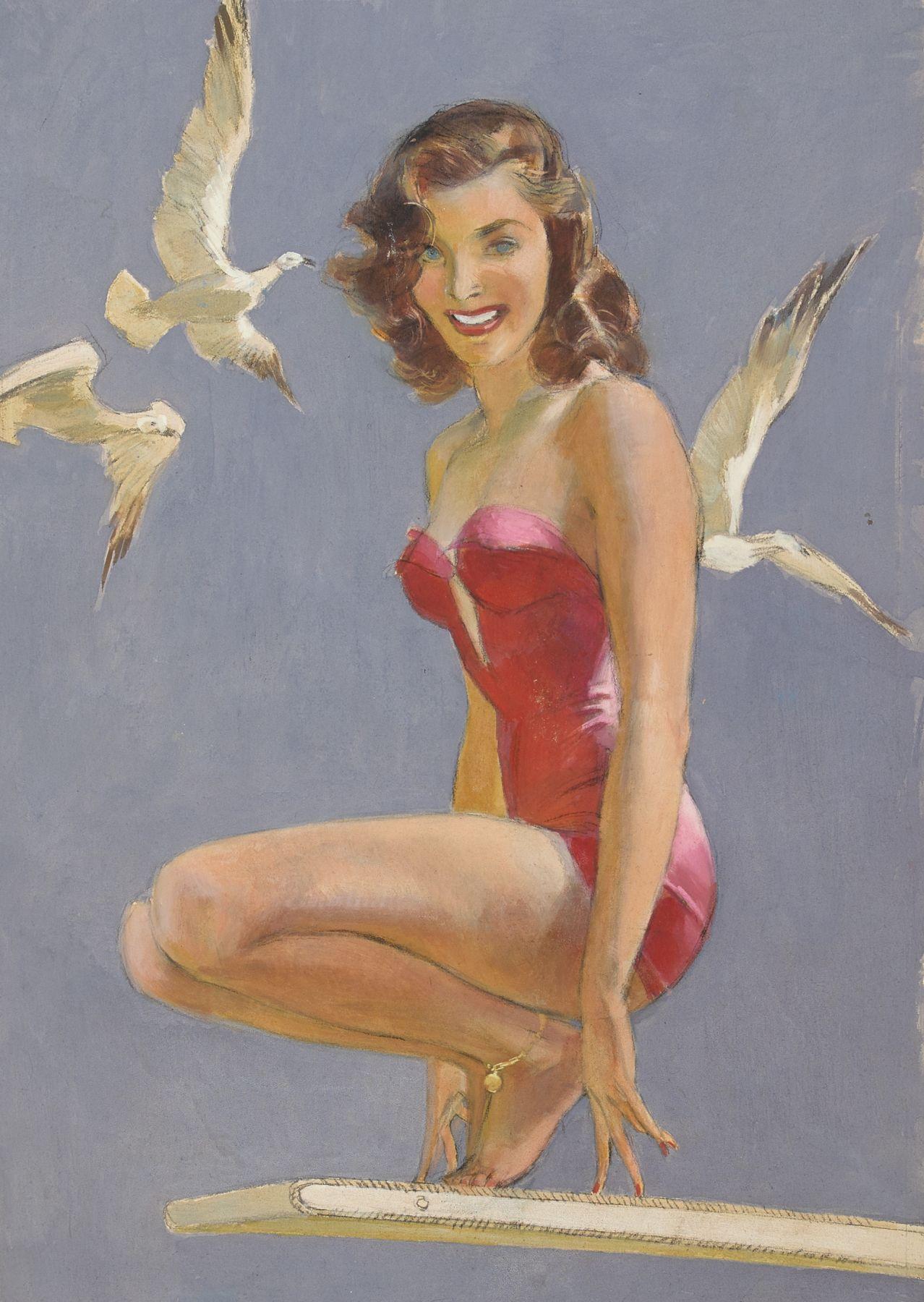 John Lagatta Figurative Art - Woman in Red Swimsuit Perched on Diving Board, Three White Doves Around Her