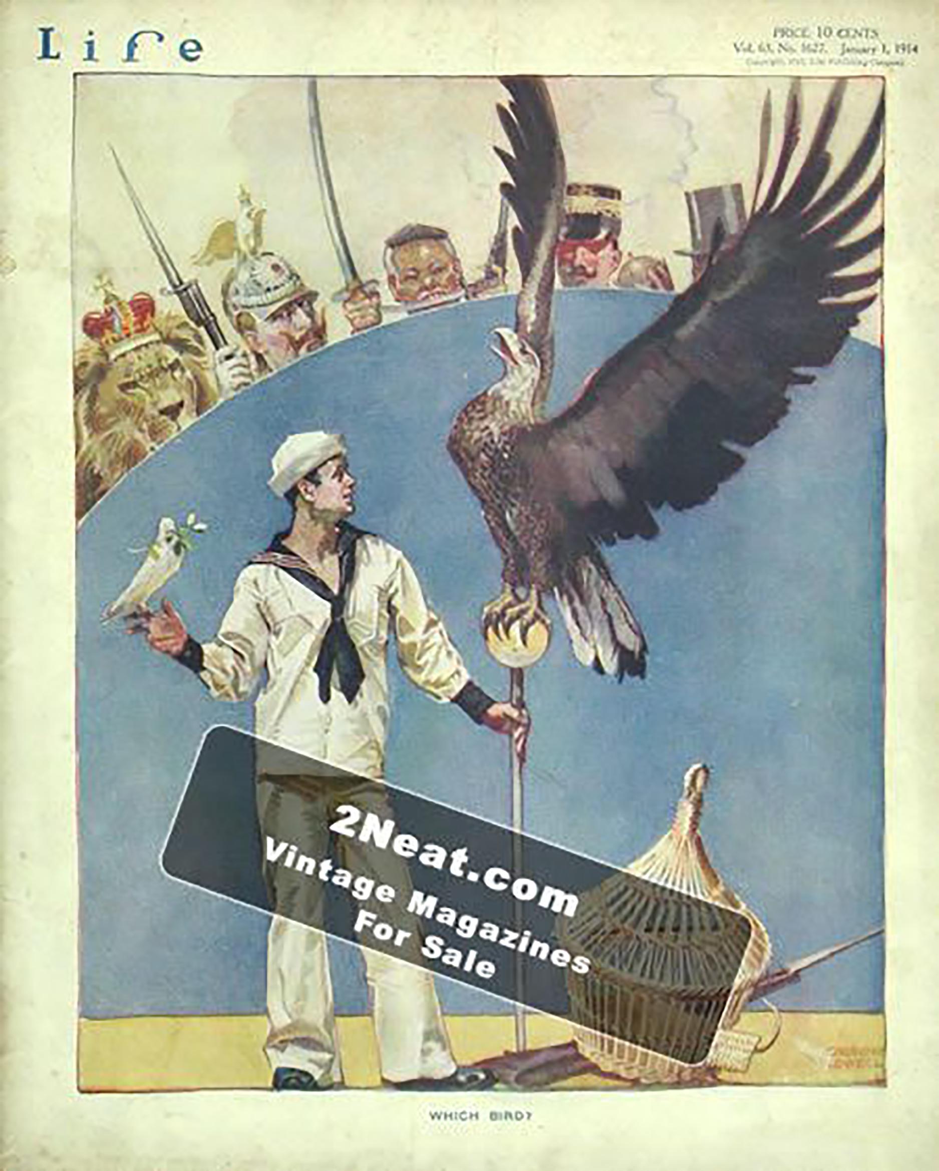 Marinero con águila y paloma, portada de la revista Life, enero de 1914 - Figurative Painting Azul de Orson Byron Lowell