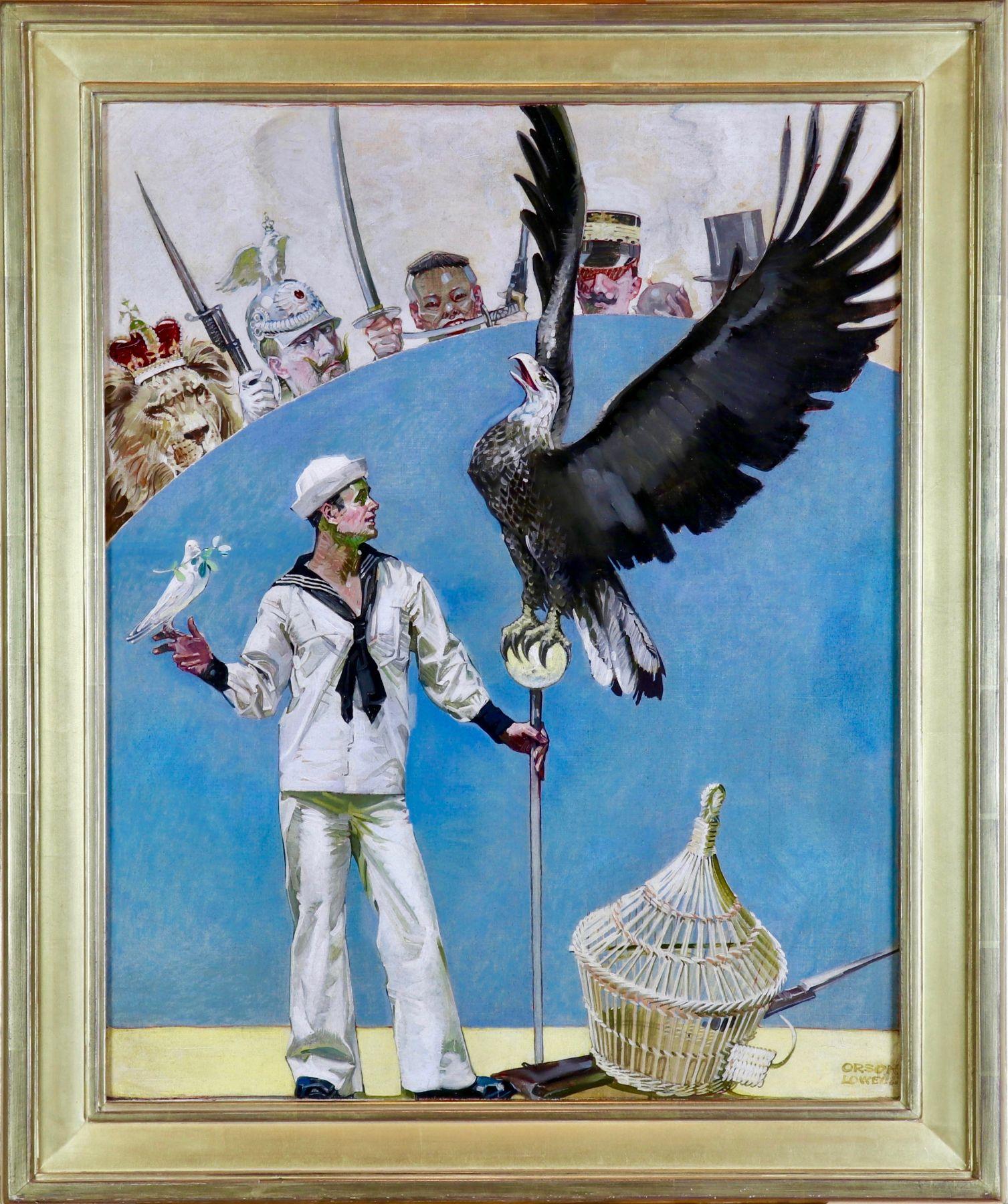 Sailor with Eagle and Dove, Life Magazine Cover, January 1914 - Painting by Orson Byron Lowell