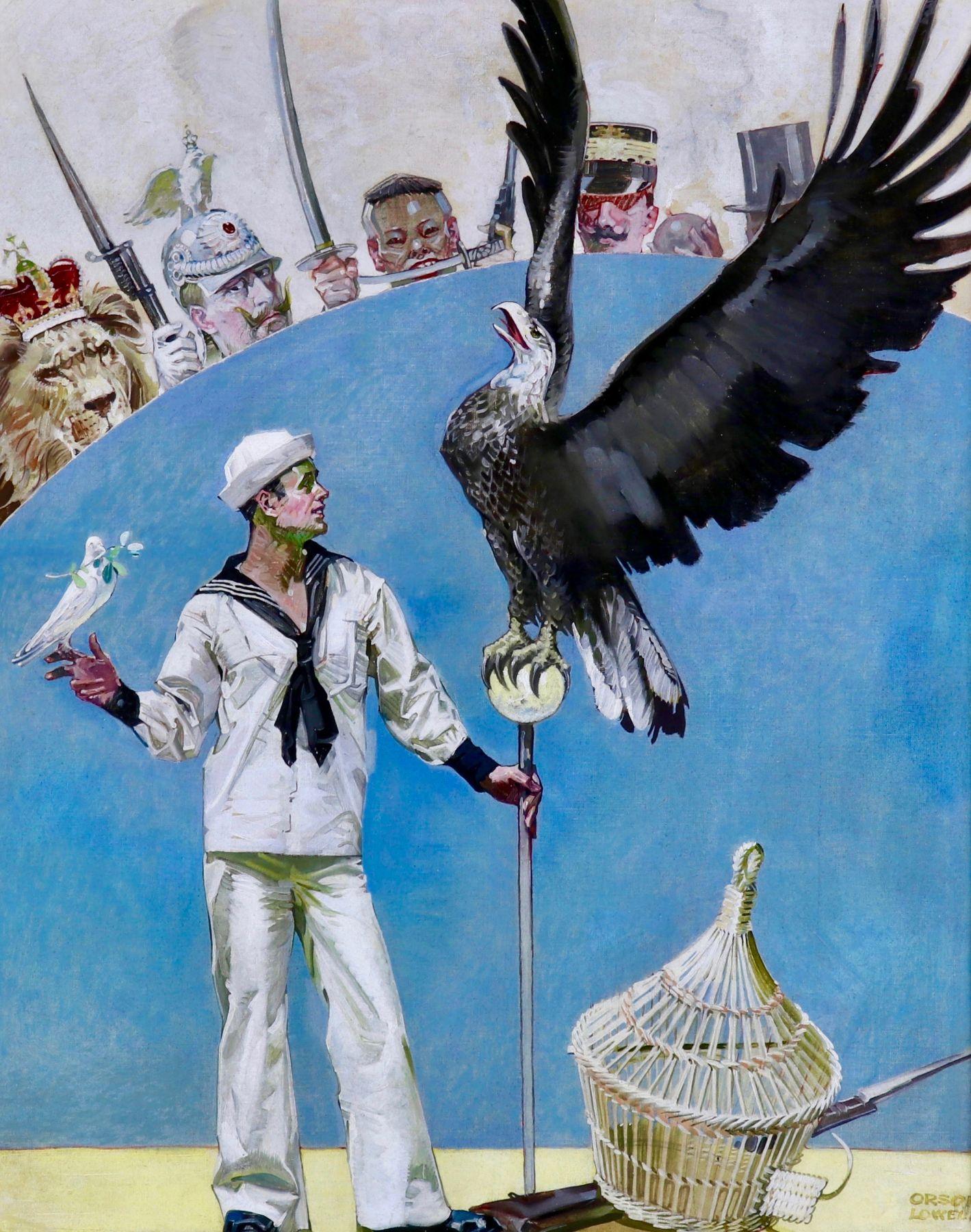 Figurative Painting de Orson Byron Lowell - Marinero con águila y paloma, portada de la revista Life, enero de 1914