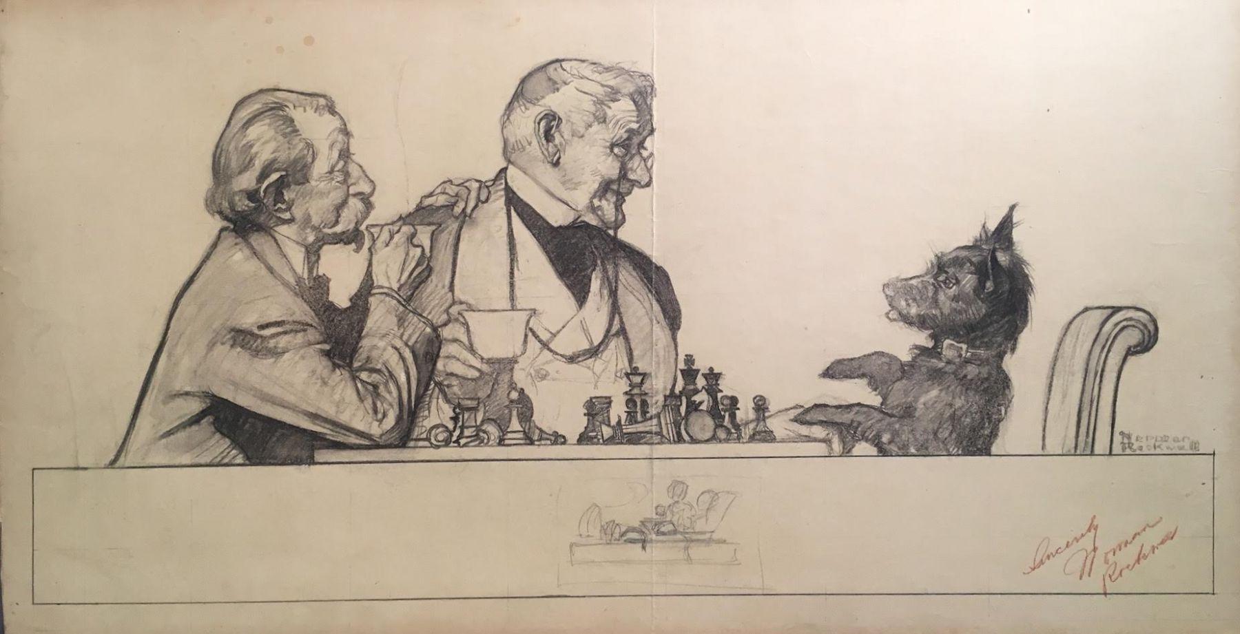 Norman Rockwell Figurative Art - Gentlemen and Scottie dog at Chess Board