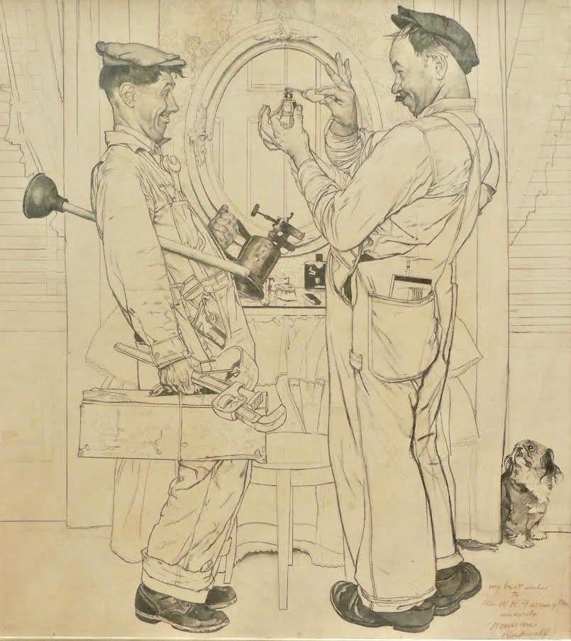 Norman Rockwell Figurative Art - "Plumbers" Post Cover, Pencil Study