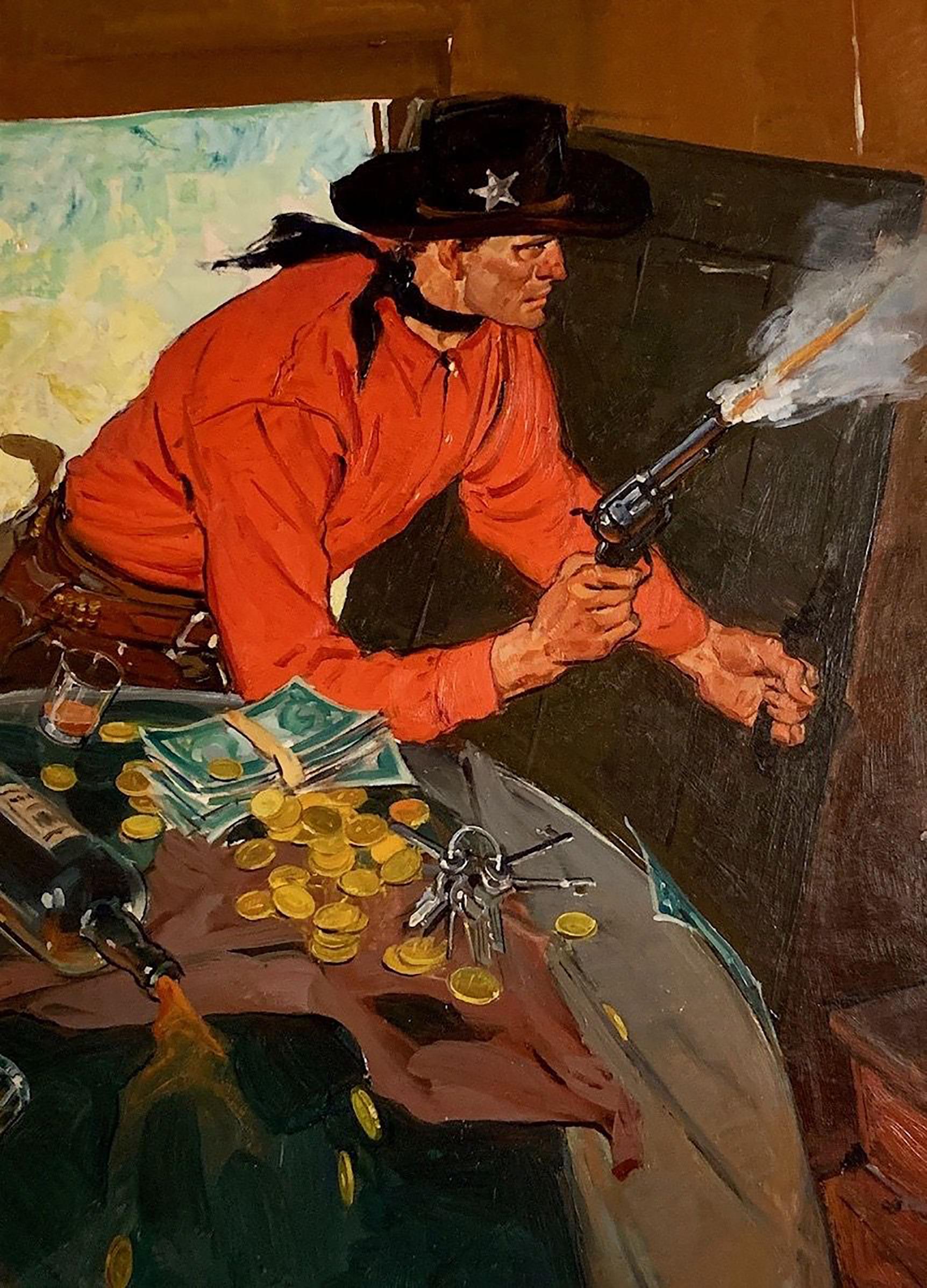 A. Leslie Ross Figurative Painting - Cowboy Shooting