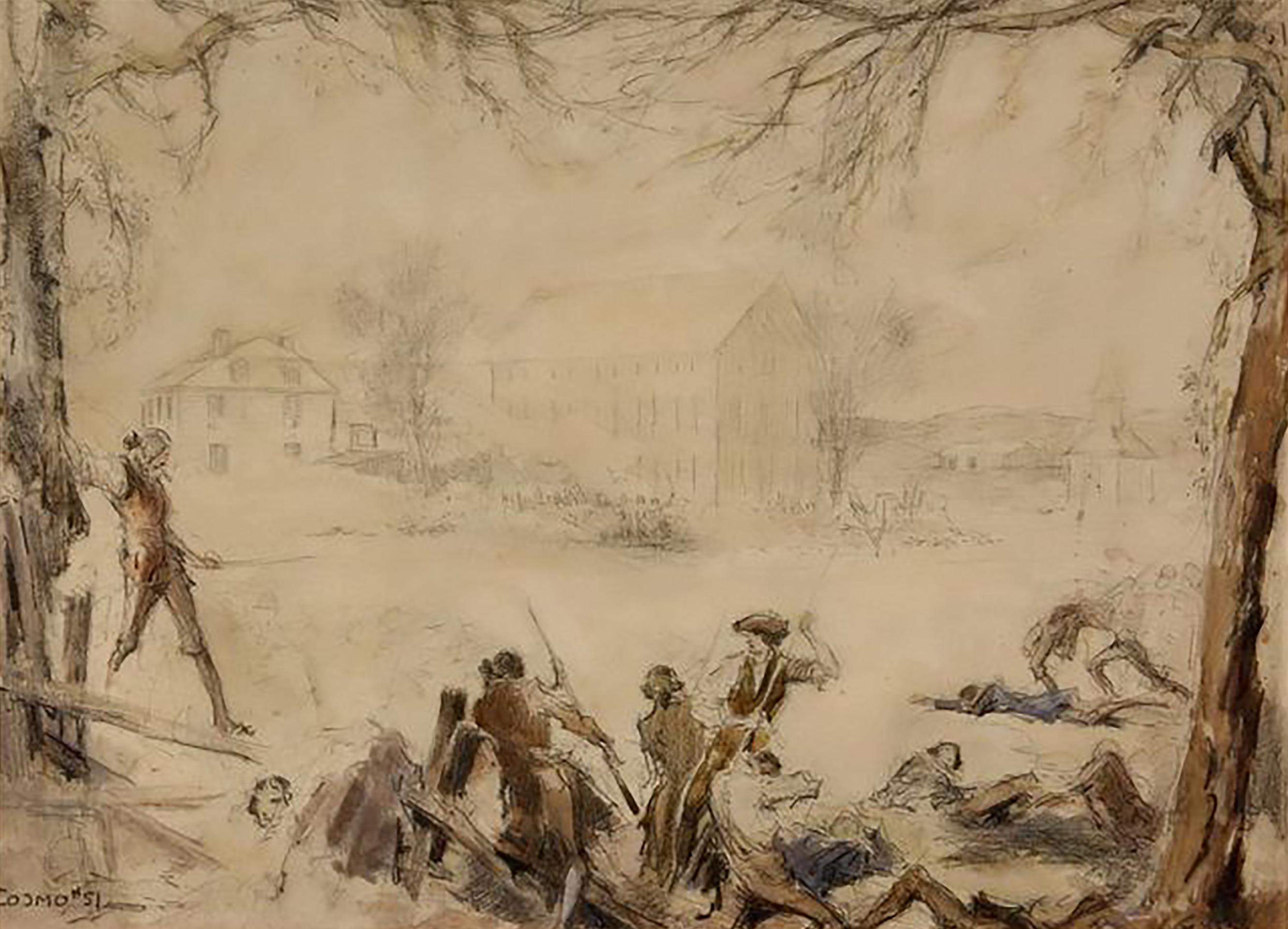Landscape Art Everett Shinn - Attribué au film "Jani" de 1924, dessin pour la scène de la bataille de Lexington