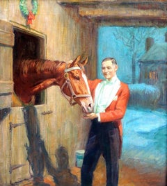 Equestrian feeding a horse. Original holiday cover for The Sportsman magazine