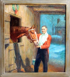 Equestrian feeding a horse. Original holiday cover for The Sportsman magazine