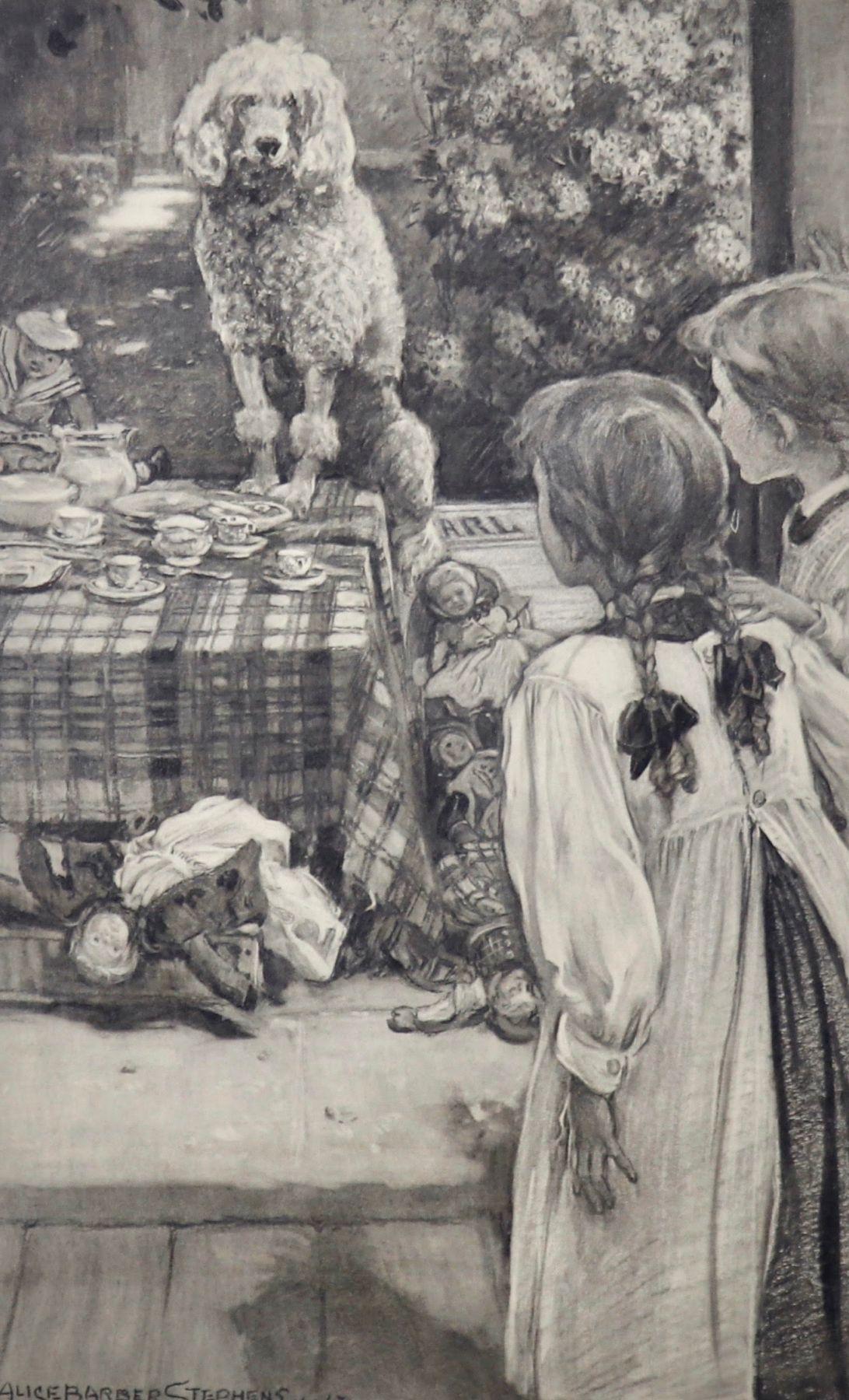 Figurative Art di Alice Barber Stephens - "Uno strano cane era seduto tranquillamente tra le rovine del banchetto".