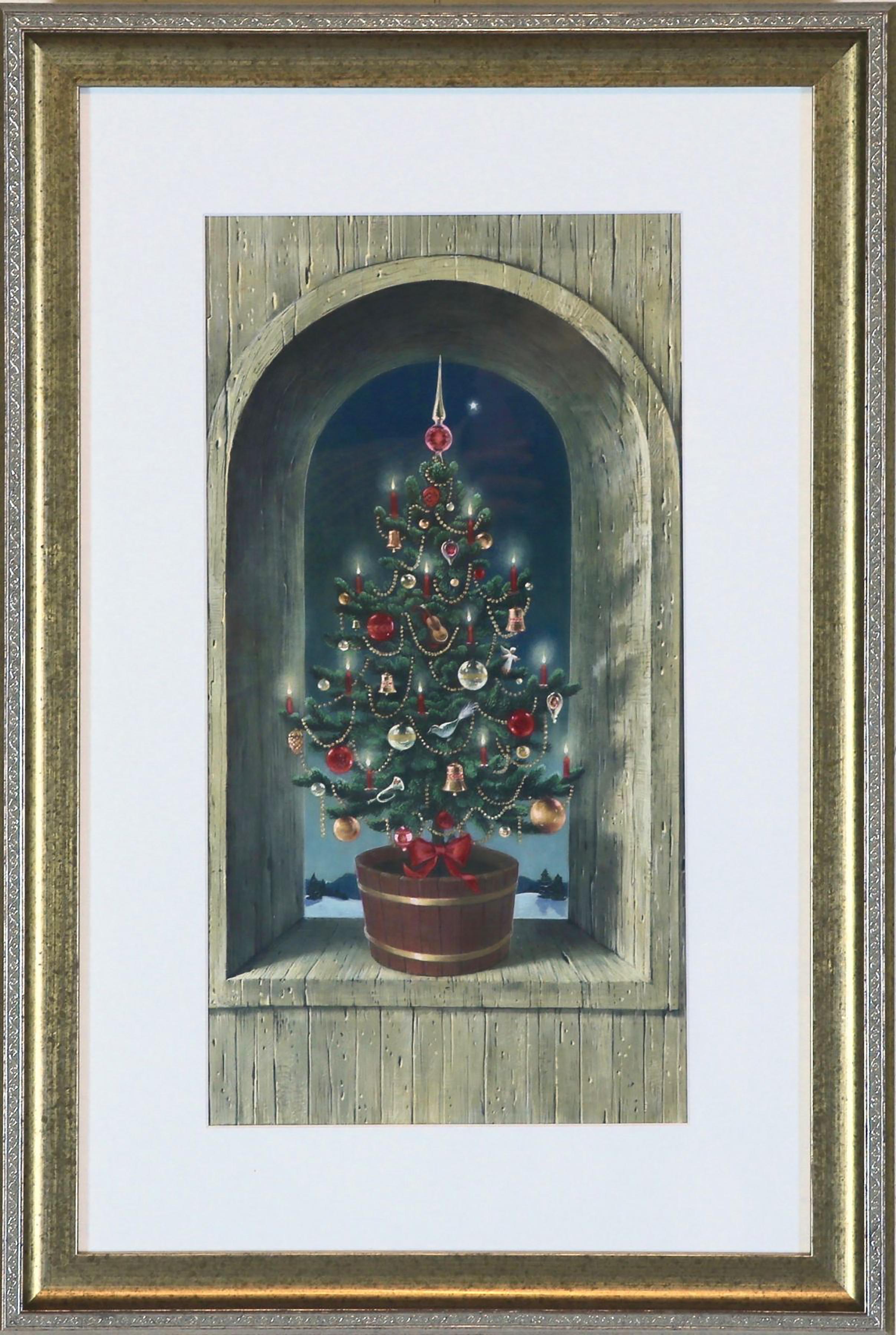 Arbre de Noël dans une Niche altérée par les intempéries, illustration originale de carte de vœux - Painting de Charlotte Sternberg