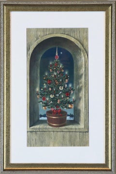 Weihnachtsbaum in verwitterter Niche, Original Grußkartenillustration zum Festtagstag