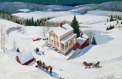 Casa ad angolo, illustrazione natalizia originale per biglietti d'auguri di Natale