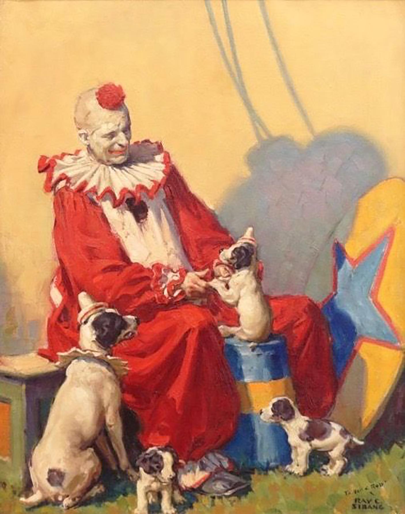 Ray Strang Figurative Painting - Circus Clown with Dogs, Cover for Country Gentleman, April 1929