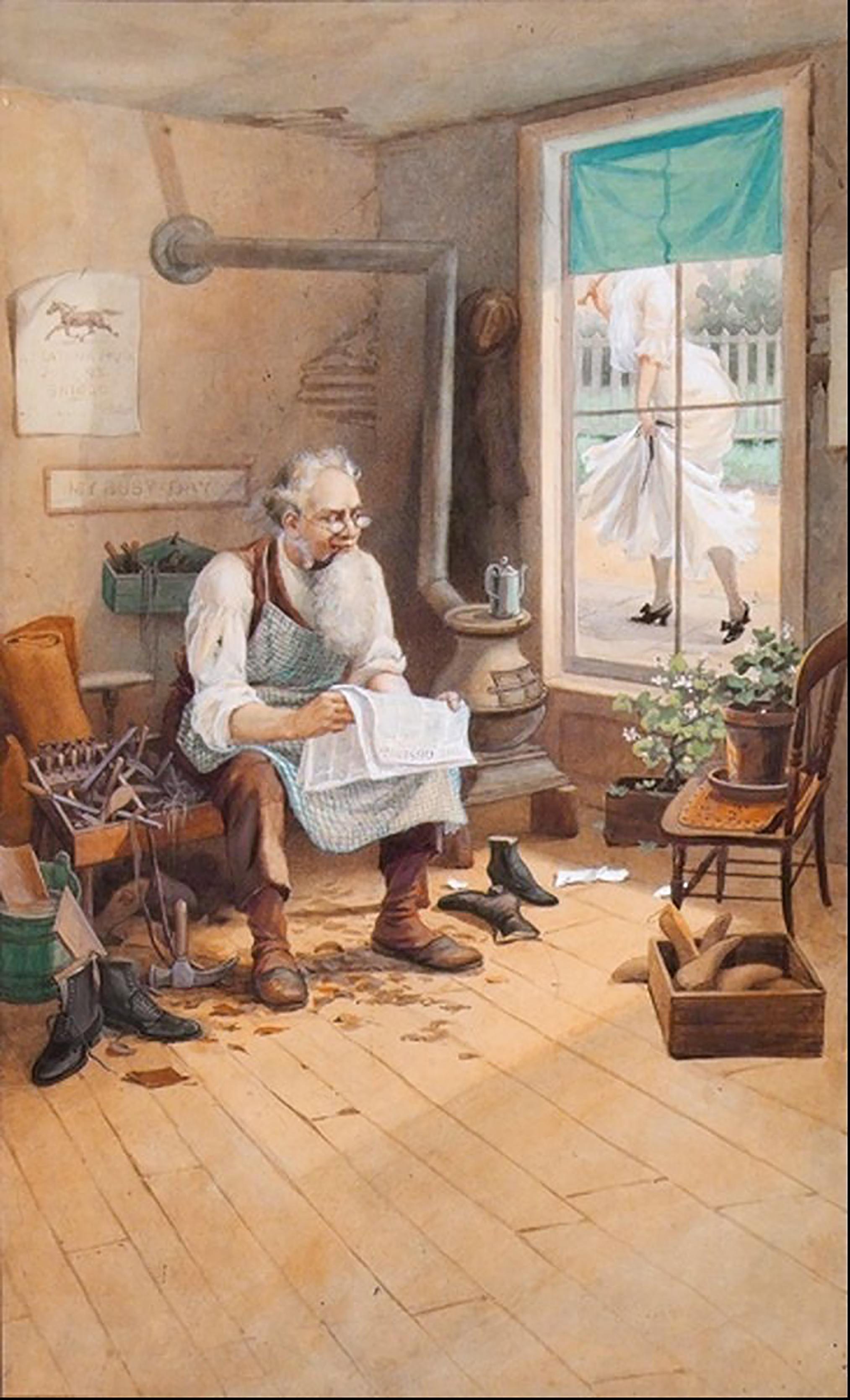 Elderly cobbler reading paper peering out window