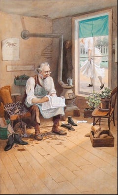 Antique Elderly cobbler reading paper peering out window