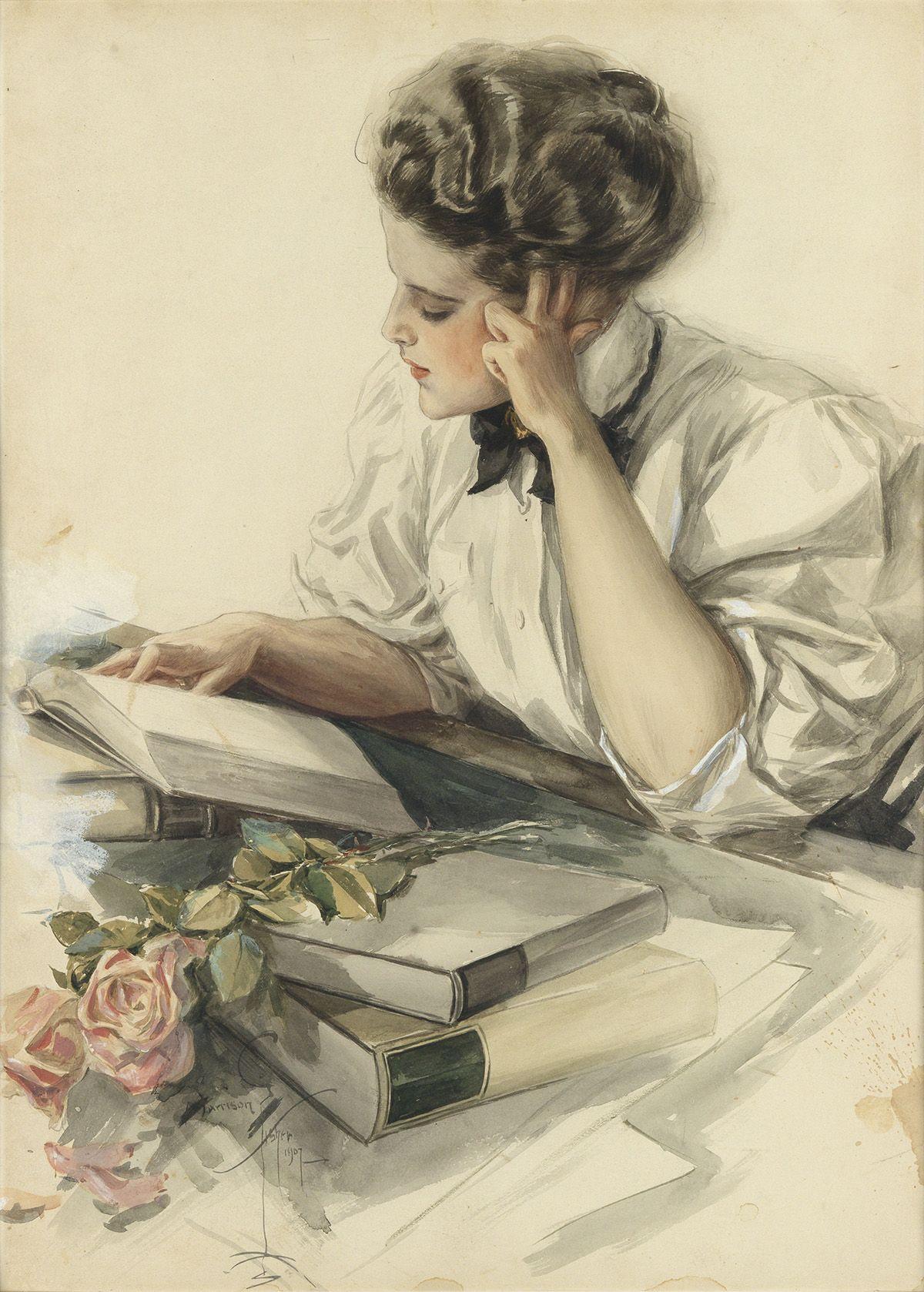 Harrison Fisher Portrait - "The Study Hour, " Illustration for The Ladies' Home Journal, April 1908