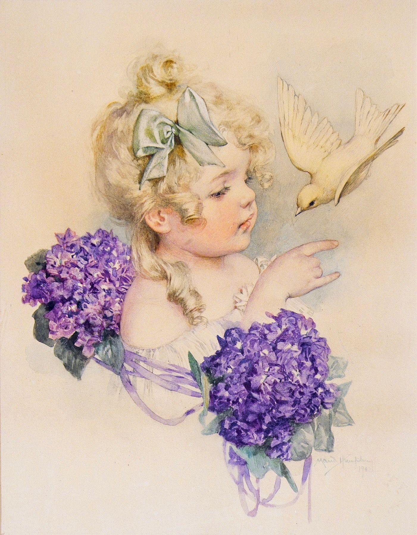 Maud Humphrey Portrait – Mädchen mit Vogel und Violett