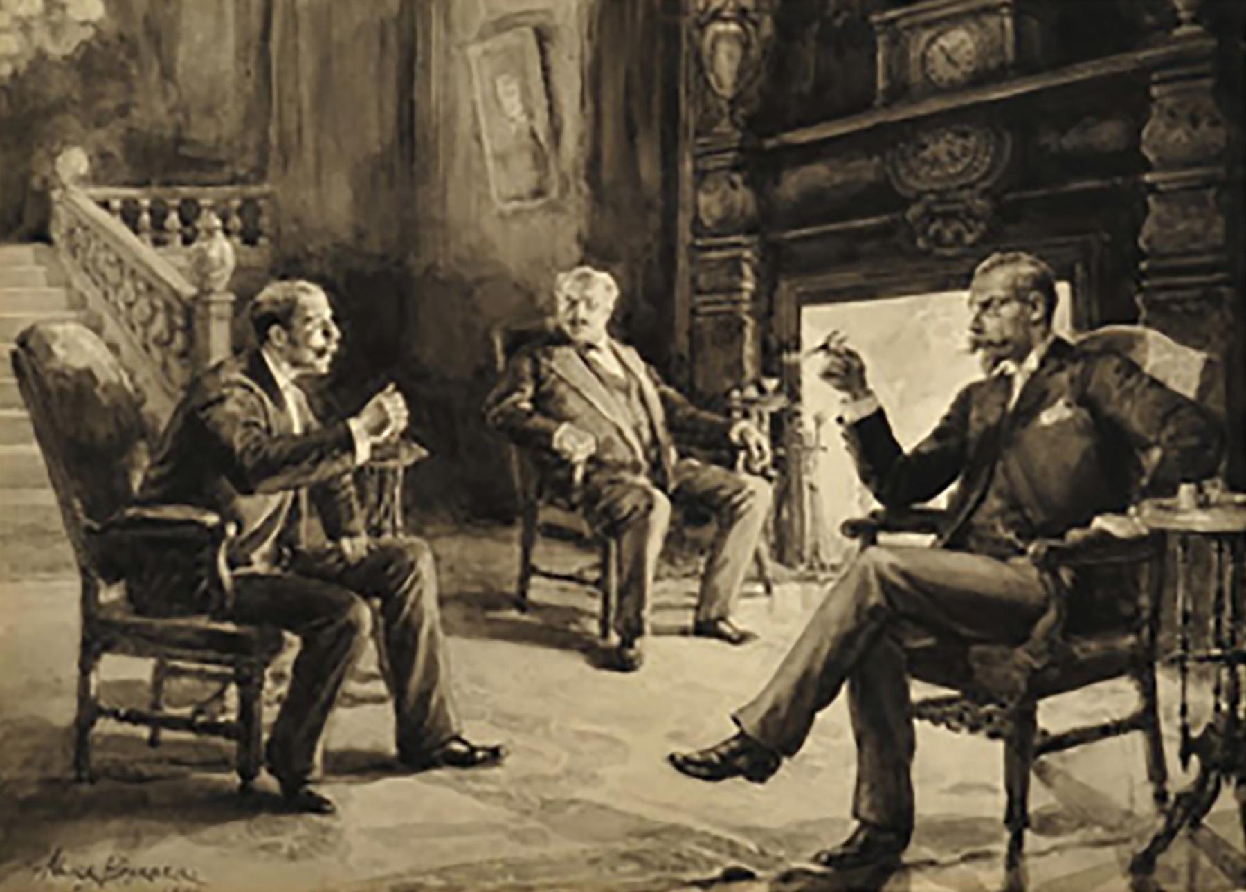 Interior Art de Alice Barber Stephens - Hombres en Discusión Junto al Fuego