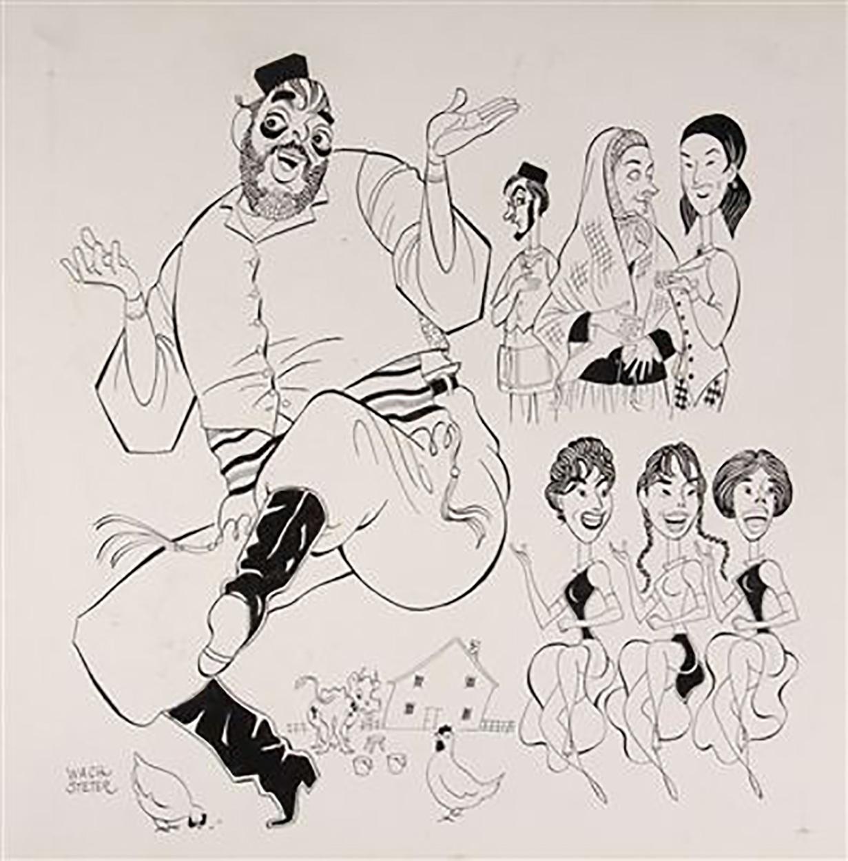 George Wachsteter Figurative Art - Caricature of Opening of Zero Mostel in "Fiddler on the Roof"