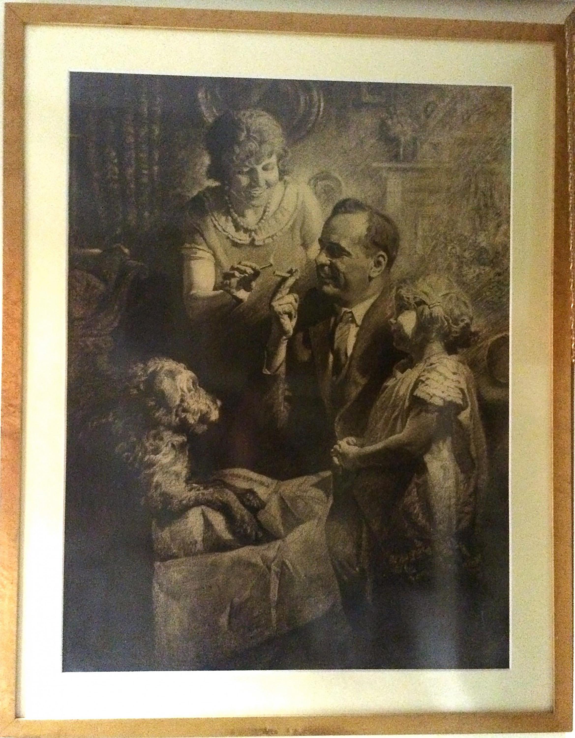 Father Smoking a Cigarette Surrounded by Family - Art by Leone M. Bracker