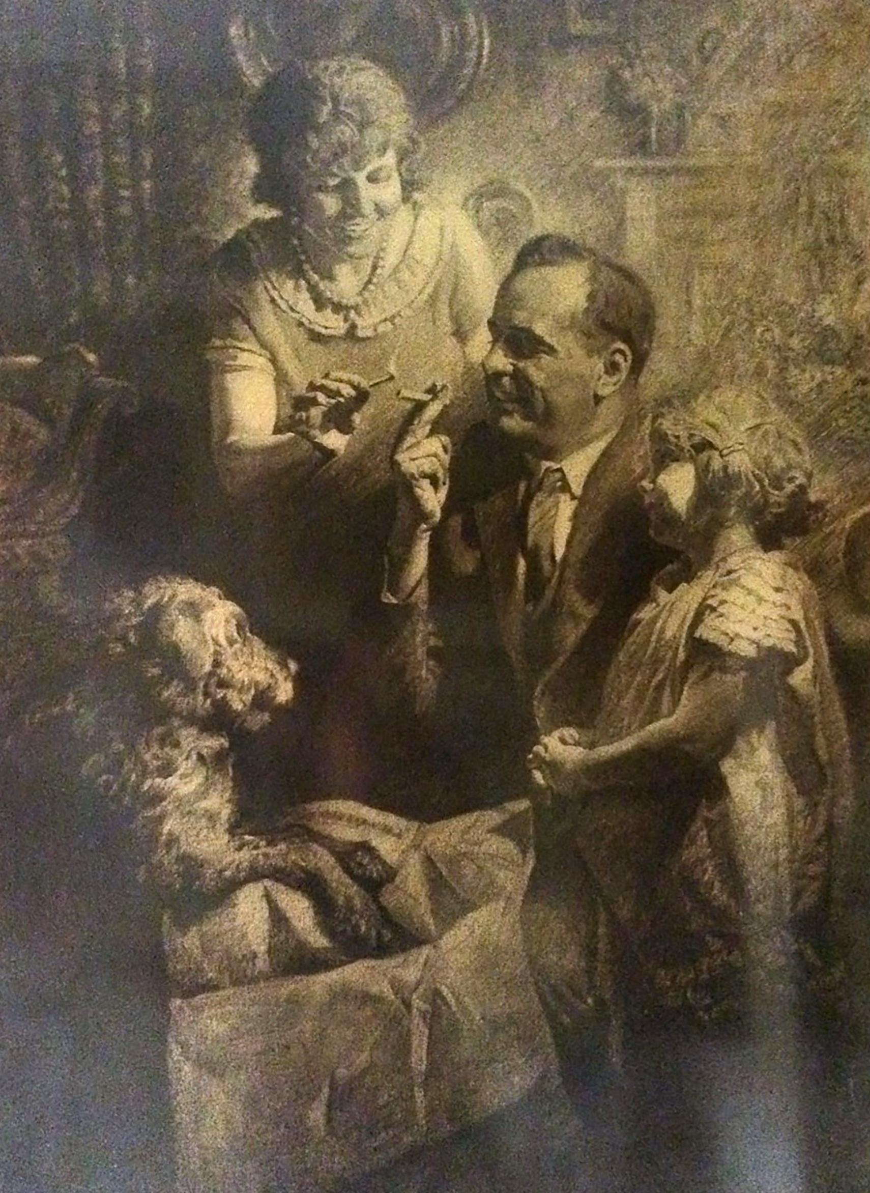 Leone M. Bracker Interior Art - Father Smoking a Cigarette Surrounded by Family