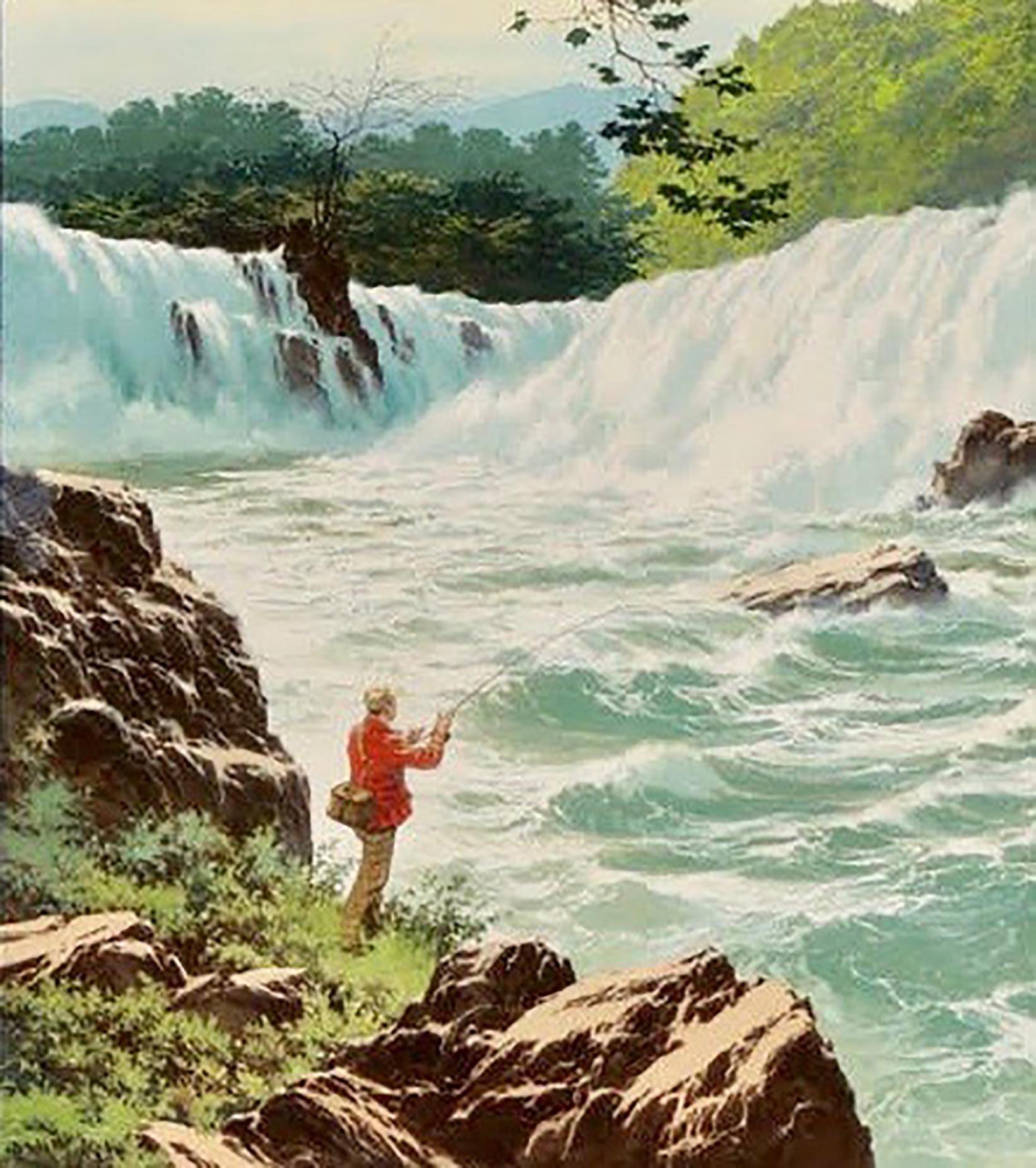 Figurative Painting di Carl Evers - Sotto le cascate (uomo che pesca), illustrazione di copertina originale per il Reader's Digest