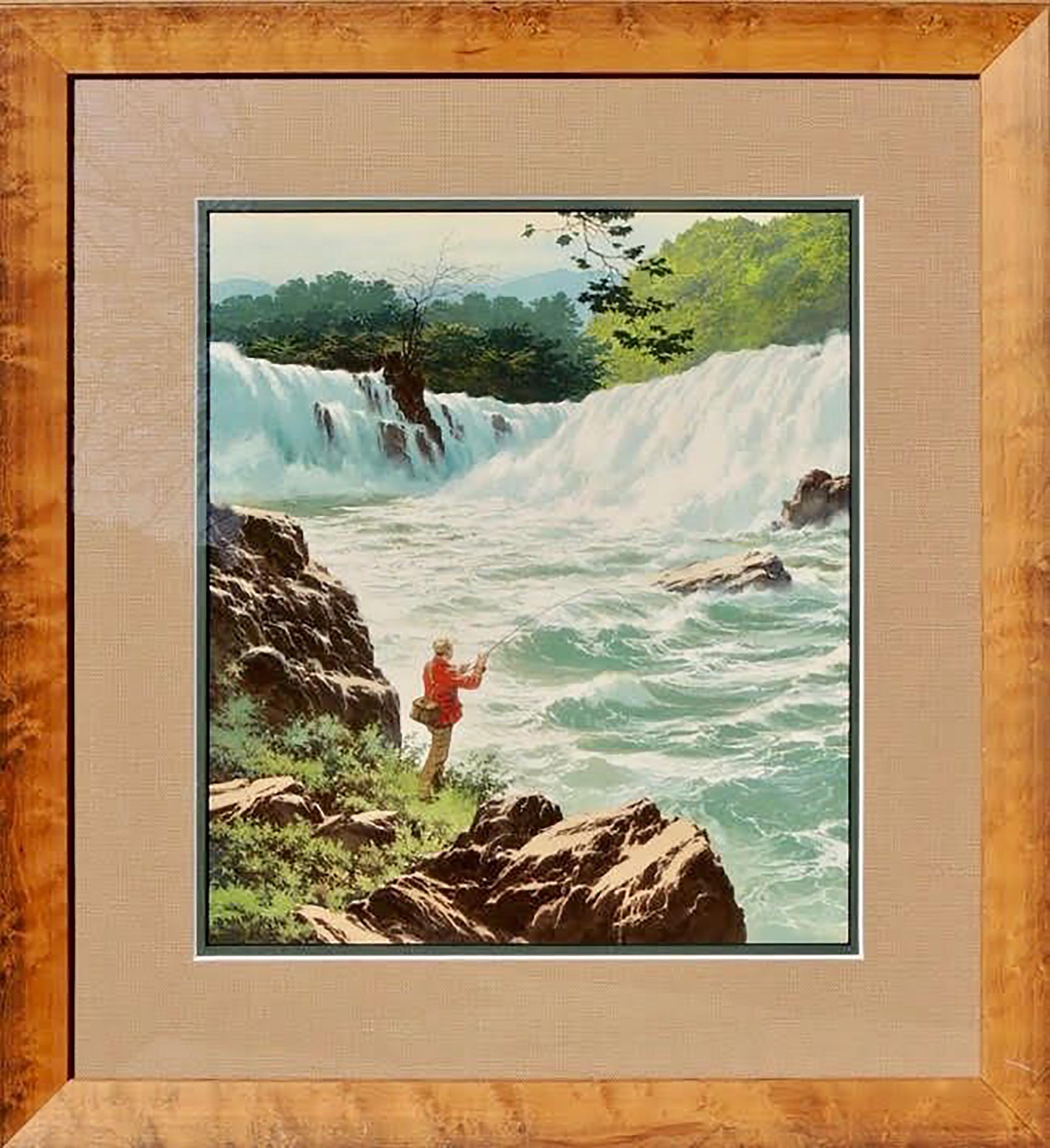 Sotto le cascate (uomo che pesca), illustrazione di copertina originale per il Reader's Digest - Painting di Carl Evers