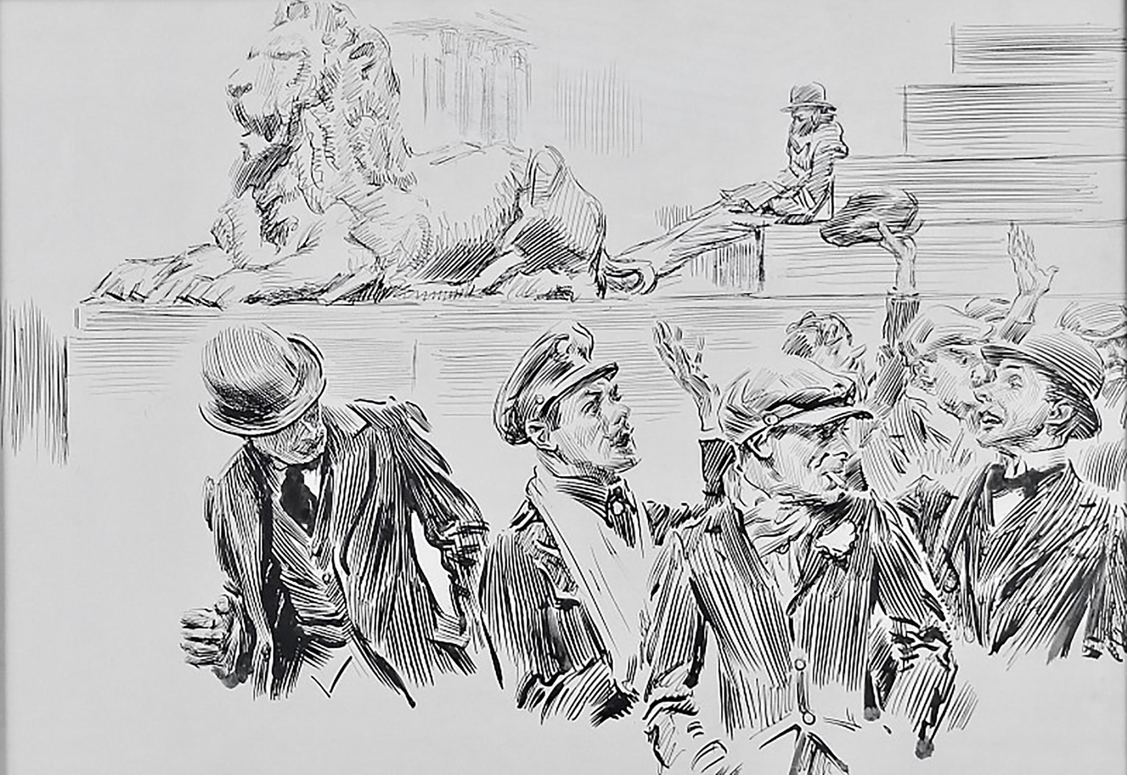 James Montgomery Flagg Figurative Art - Street Scene with Lion