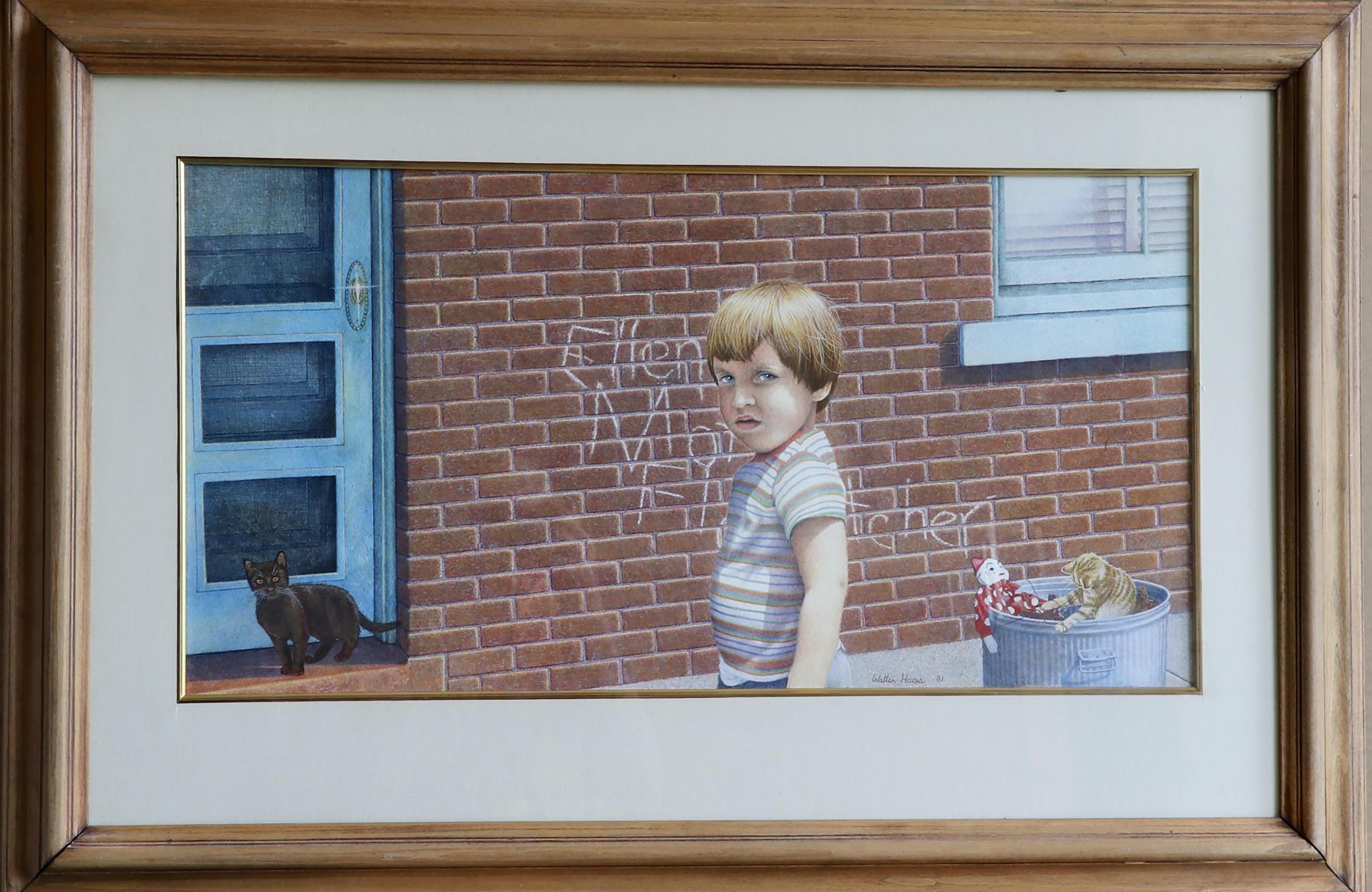 Boy with Cat at the Door - Painting by Walter Haas