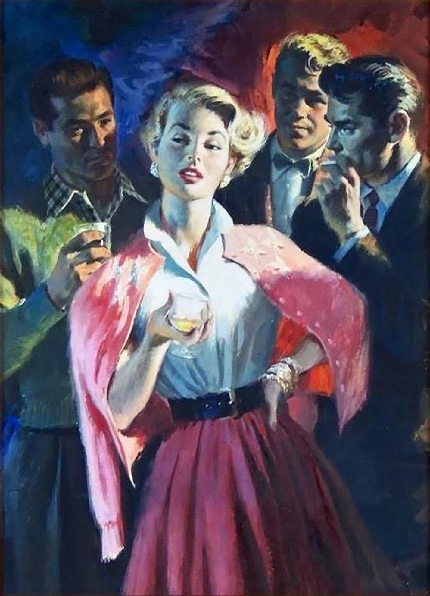 Raymond Johnson Figurative Painting - Three Men Admiring Woman in Pink