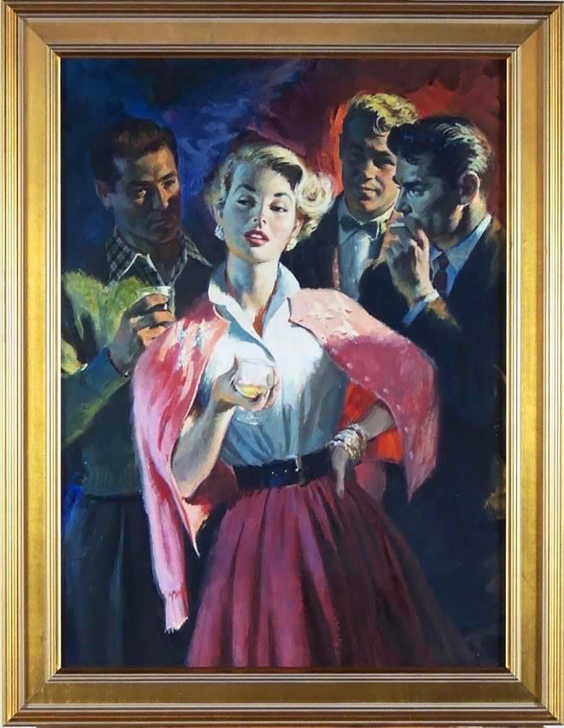 Three Men Admiring Woman in Pink - Painting by Raymond Johnson