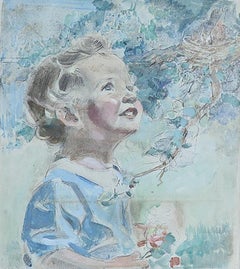 Vintage Little Boy Looking at Birds Nest