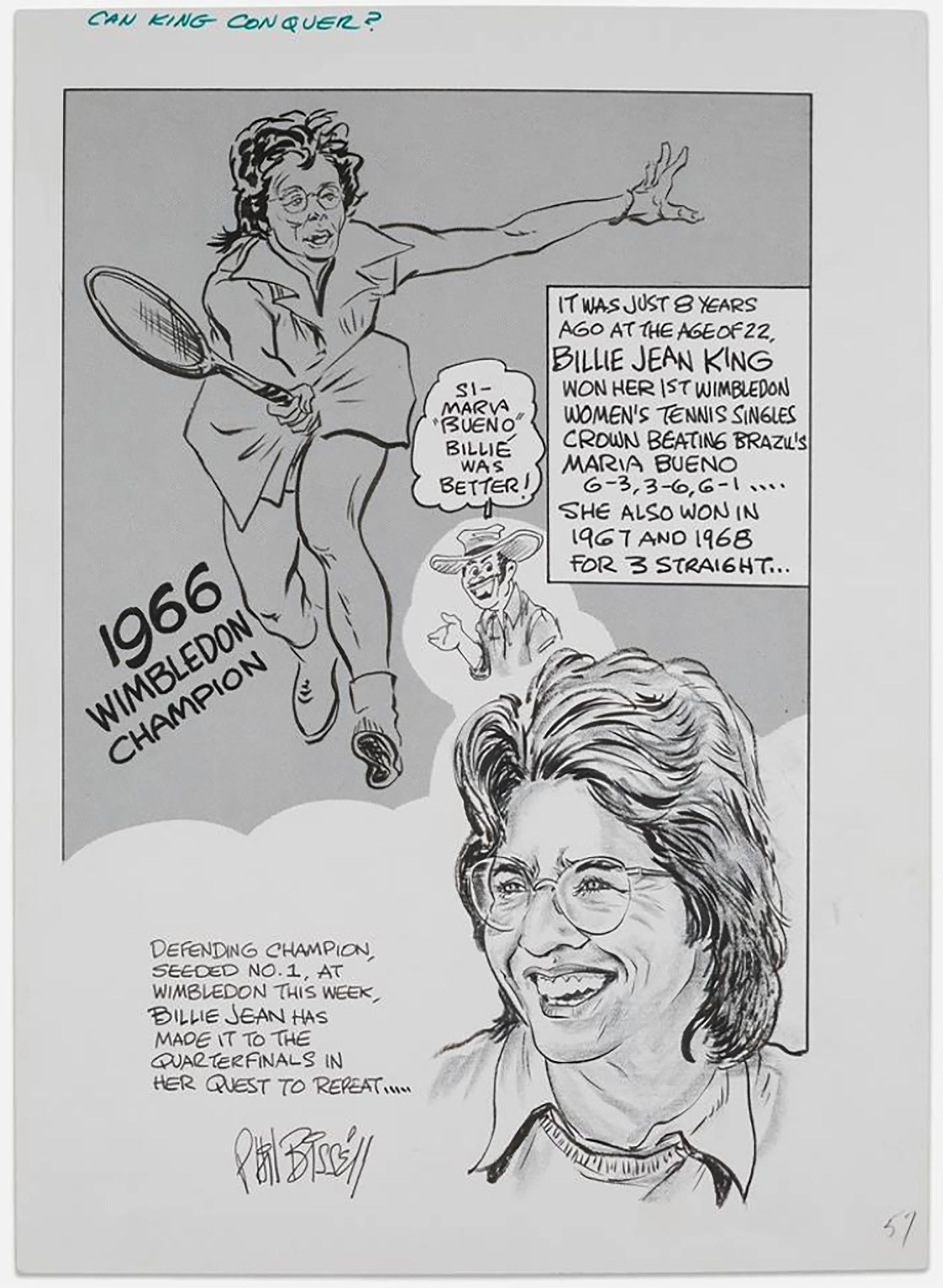 „Kann King Conquer?“ Cartoon des Tennisspielers Billie Jean King aus Wimbledon – Art von Charles Phil Bissell
